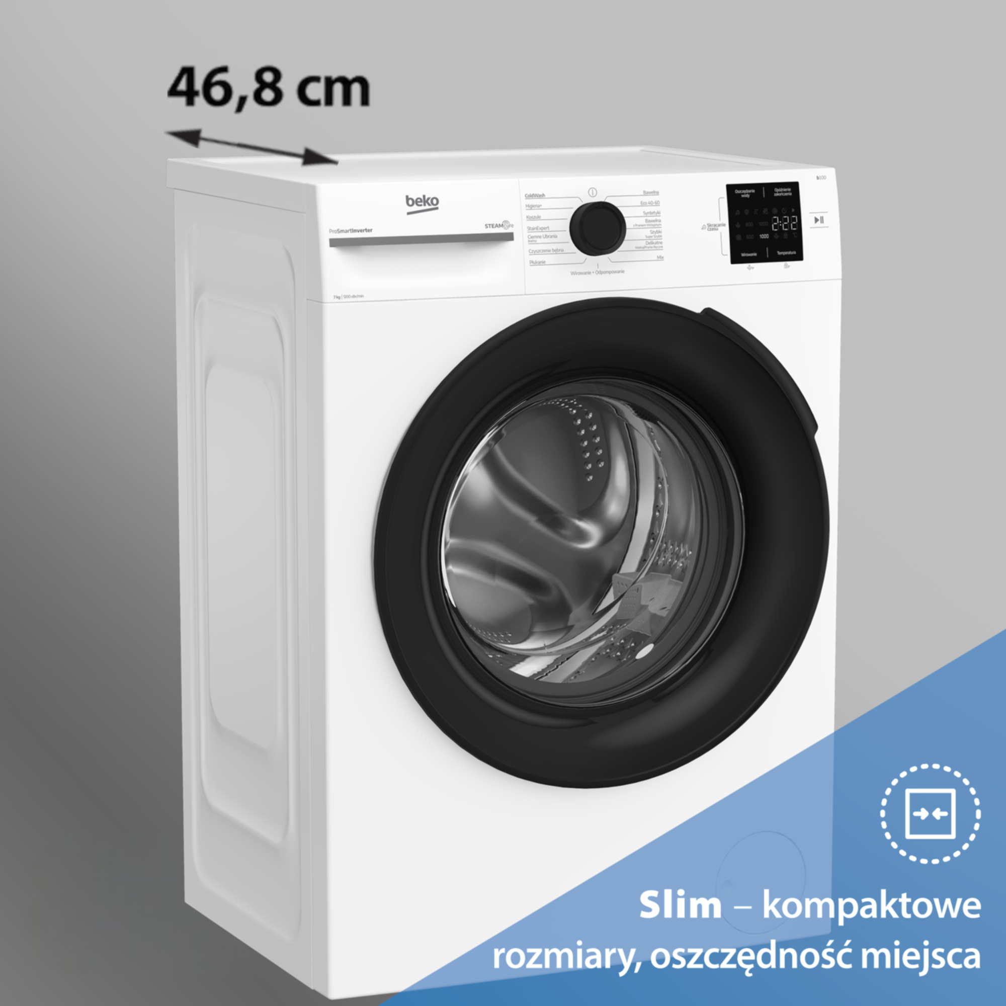 Biała wąska pralka Beko o głębokości 46,8 cm z czarnymi drzwiczkami.