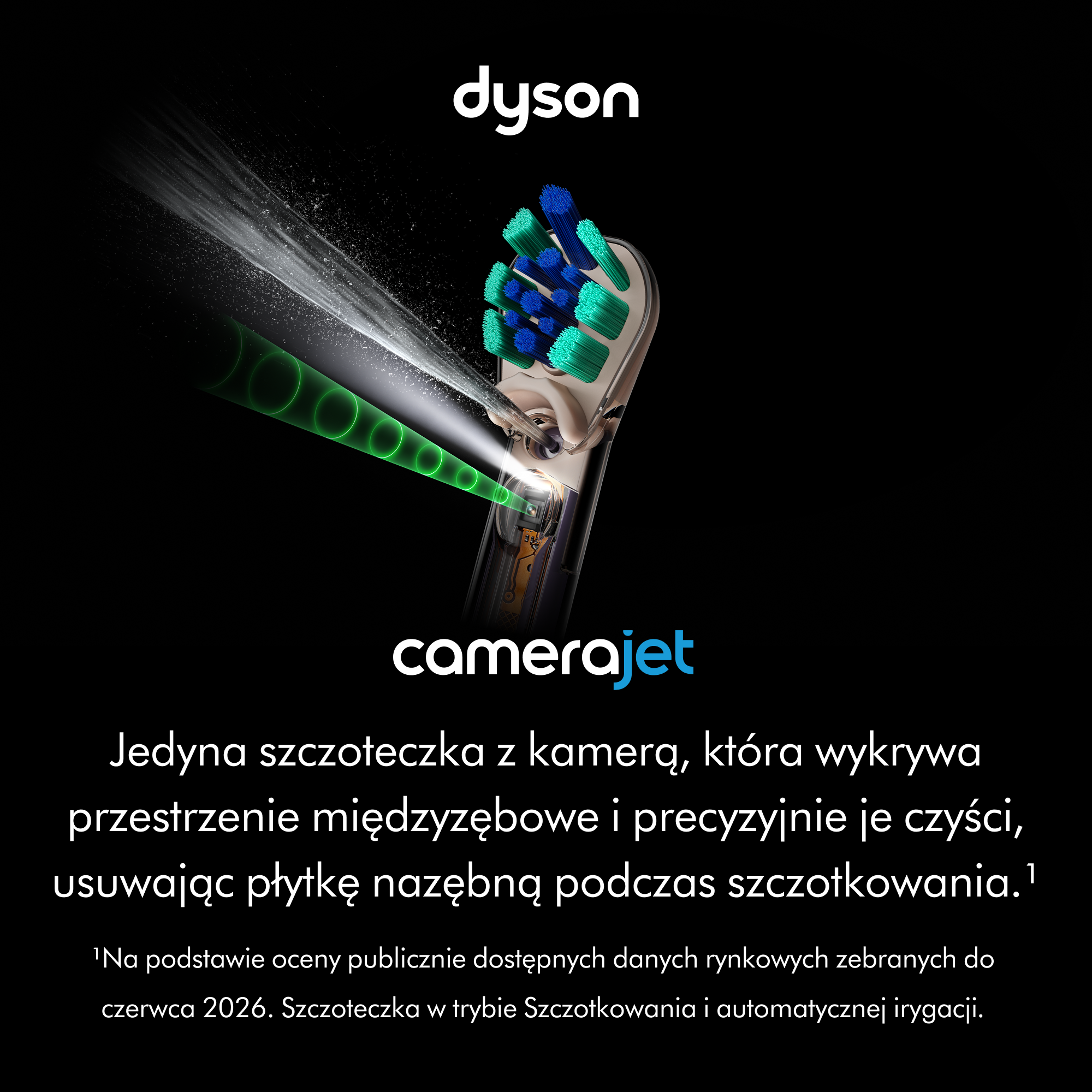 Szczoteczka do zębów Dyson Kamerajet z niebiesko-zielonymi włosiami i strumieniem wody na czarnym tle.