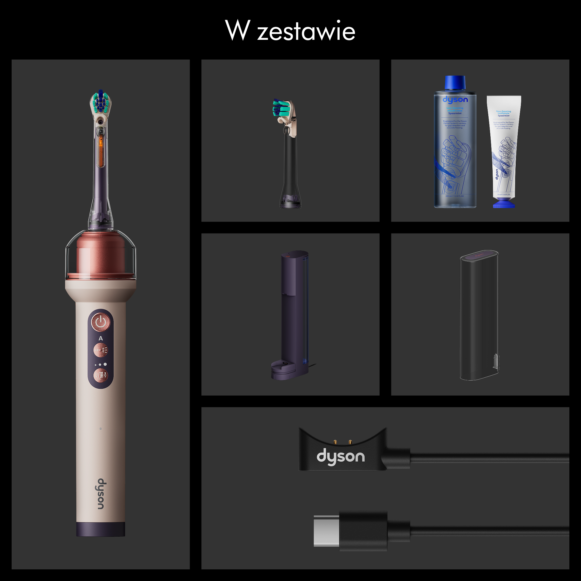Zestaw szczoteczek Dyson z rączką, główką, płynem, pastą, bazą ładującą, etui i kablem USB-C.