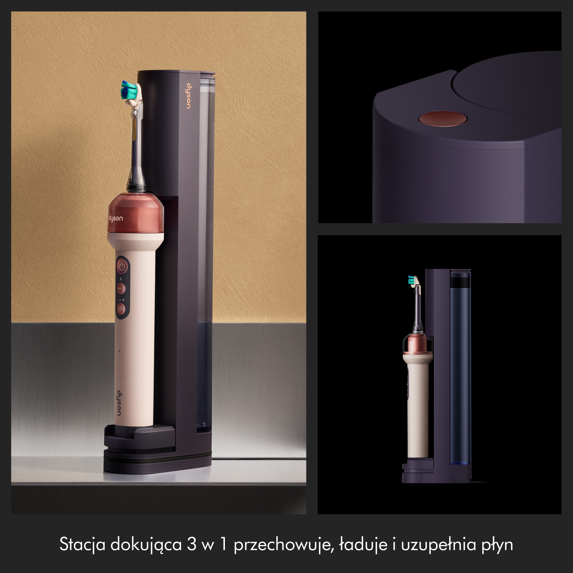 Fioletowa i jasna stacja dokująca Dyson 3 w 1 ze szczoteczką przechowuje, ładuje i uzupełnia płyn.