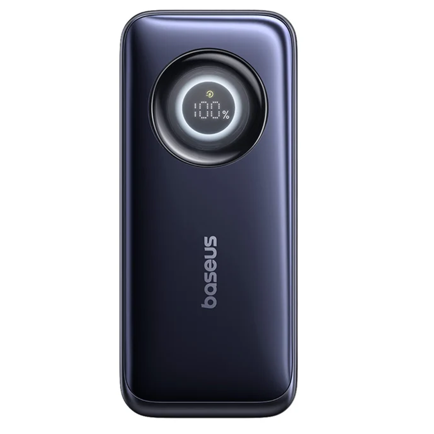 Un power bank portátil de color morado oscuro con una pantalla digital circular que muestra 100% y el logo de Baseus.