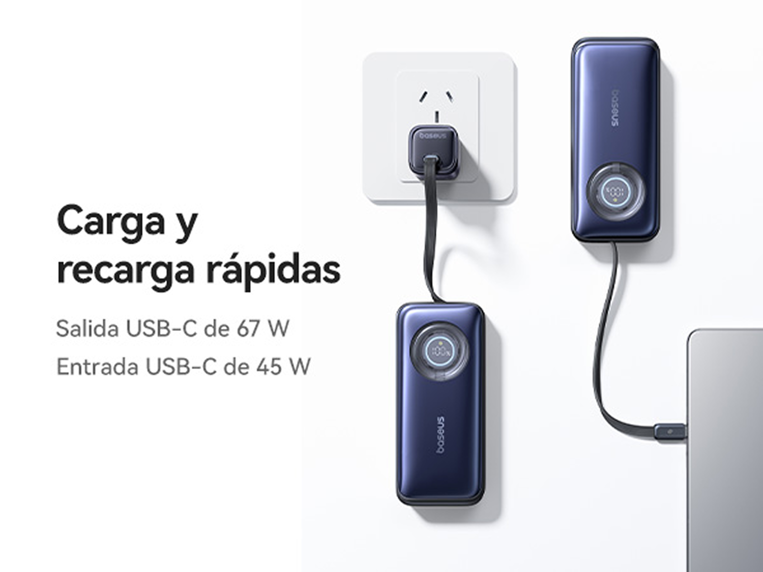 Baterías externas azules con cables USB-C conectados a un enchufe y portátil, con texto.