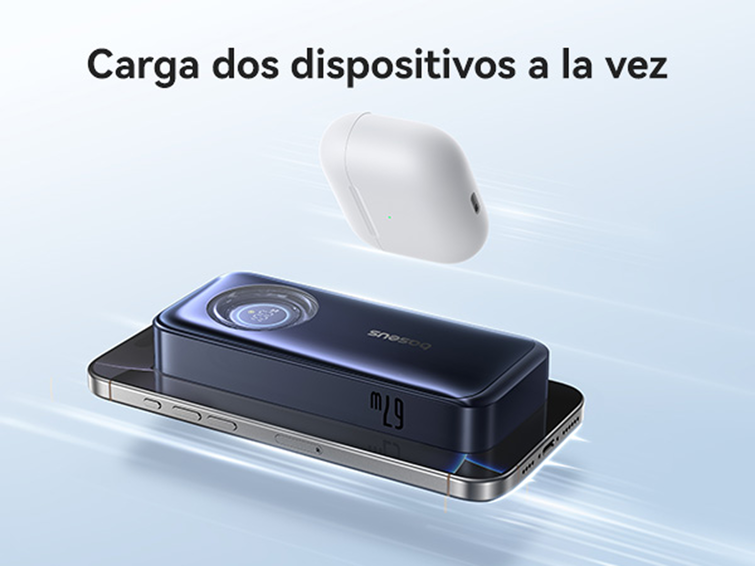 Una power bank carga un smartphone y estuche blanco sobre fondo claro con texto Carga dos dispositivos.