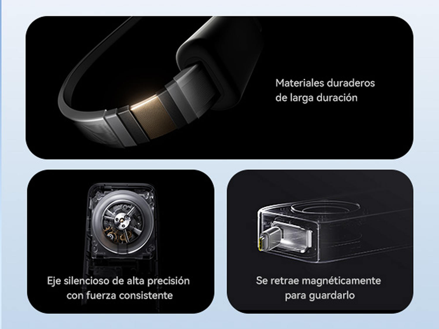 Tres paneles que muestran partes de auriculares: diadema duradera, eje silencioso y conector magnético.