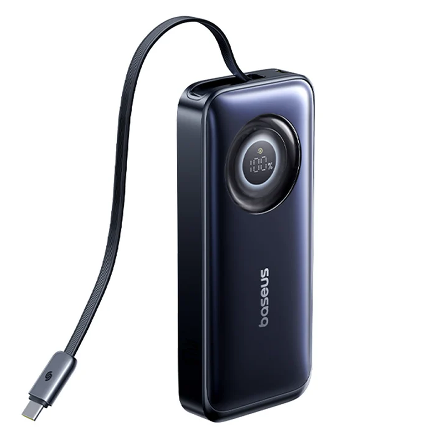 Banco de energía Baseus azul oscuro con cable USB-C integrado y pantalla digital al 100%.
