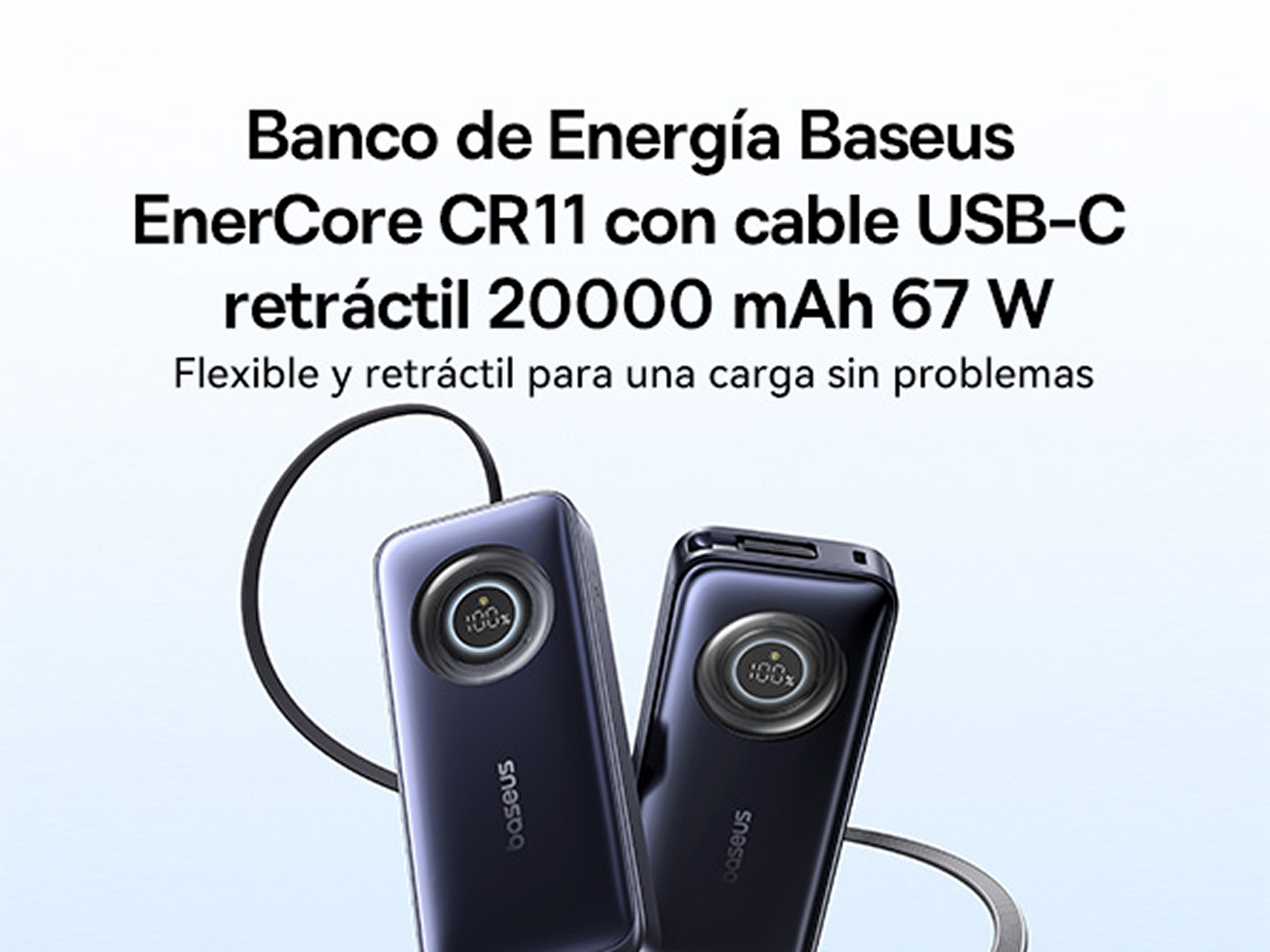 Dos baterías externas azul oscuro con pantalla digital y cables retráctiles sobre fondo claro.