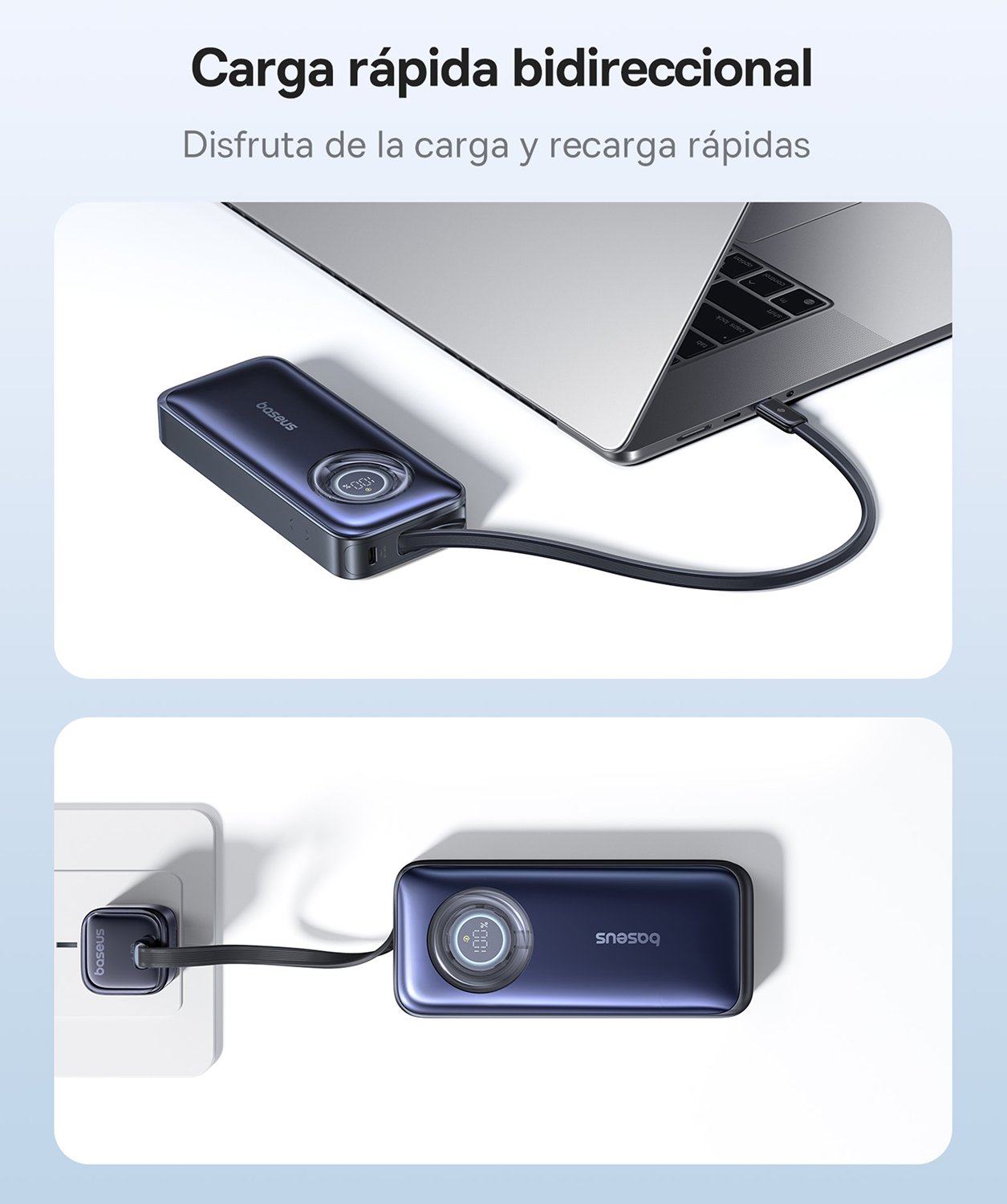 Un banco de energía azul carga una computadora portátil y un enchufe de pared.