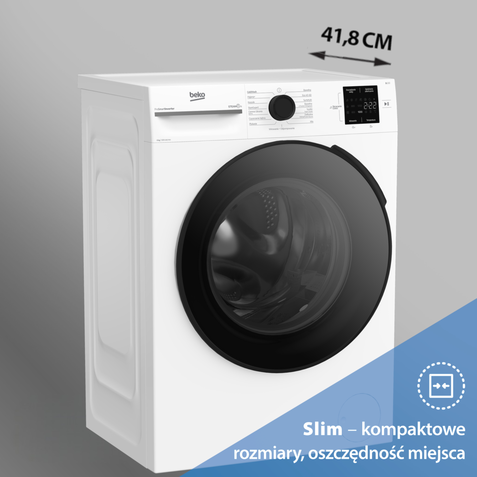 Biała pralka Beko z czarnym oknem i głębokością 41,8 cm.
