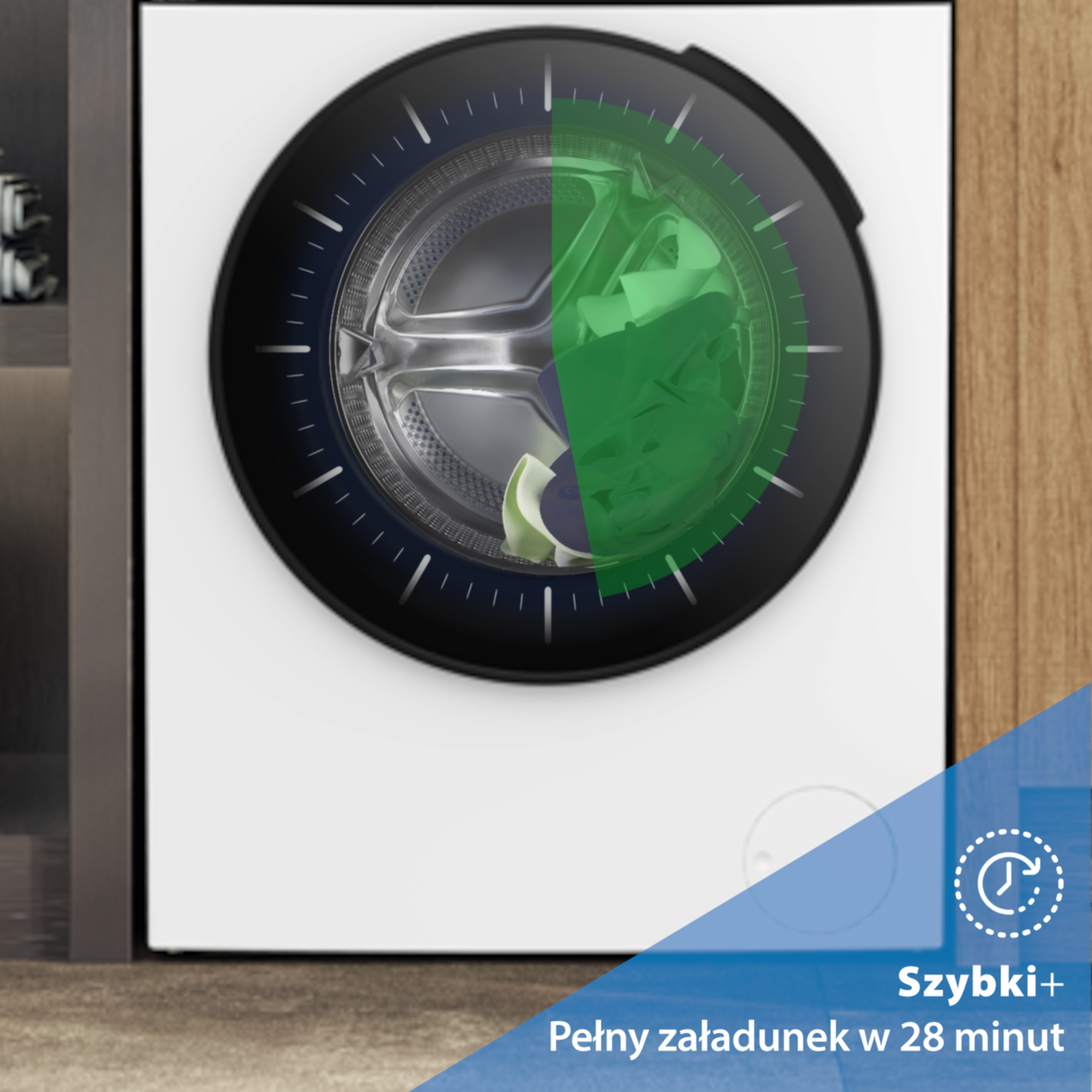 Biała pralka z okrągłymi drzwiami, zieloną nakładką timera i niebieską infografiką w prawym dolnym rogu.