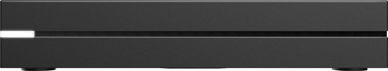 Vista frontale di un dispositivo elettronico nero con una fessura orizzontale e una luce bianca luminosa.