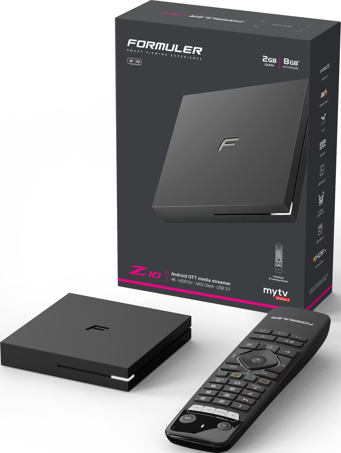 Media streamer Android OTT Formuler Z10 con scatola nera, telecomando e confezione su sfondo bianco.