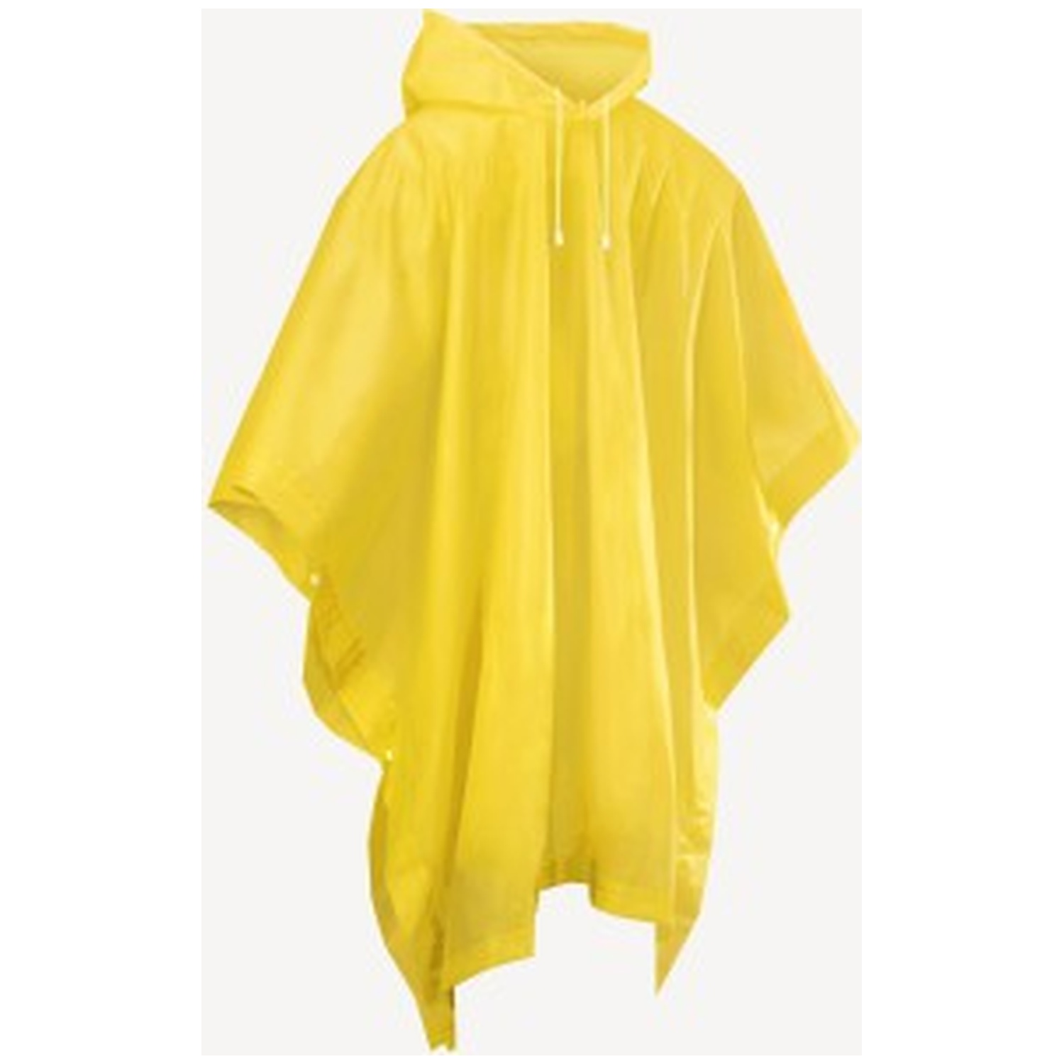 Een heldergele regenponcho met capuchon en aantrekkoord tegen een witte achtergrond.
