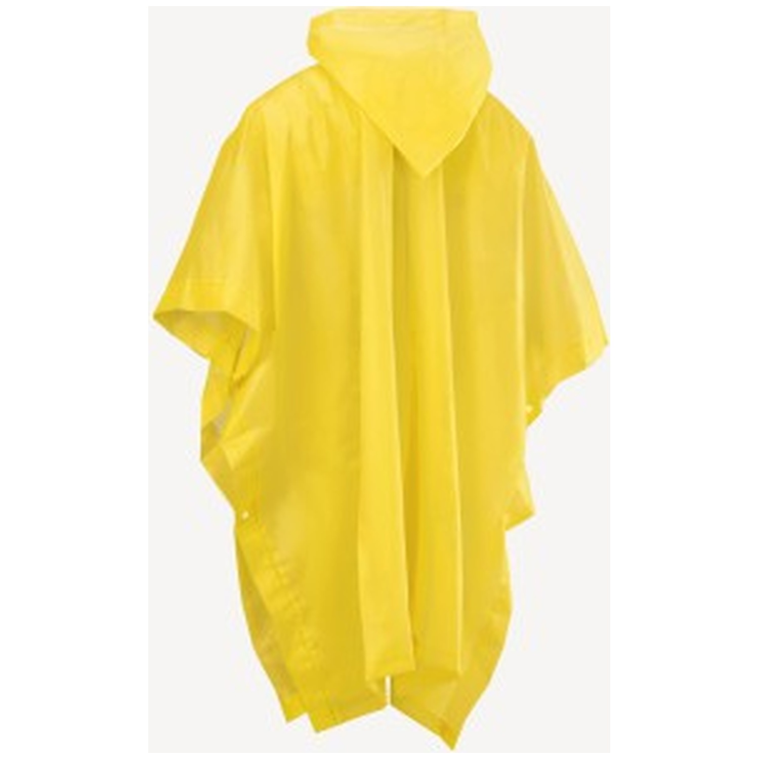 Een heldergele regenponcho met capuchon wordt van achteren getoond tegen een lichte achtergrond.