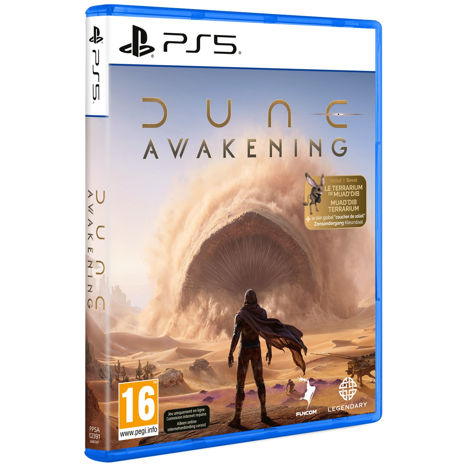 Boîtier PS5 de Dune Awakening avec paysage désertique, ver géant des sables et personnage au premier plan.