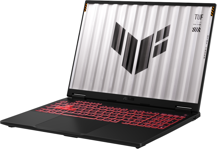 Fekete Asus TUF gamer laptop piros billentyűzet-háttérvilágítással és TUF logóval a képernyőn.