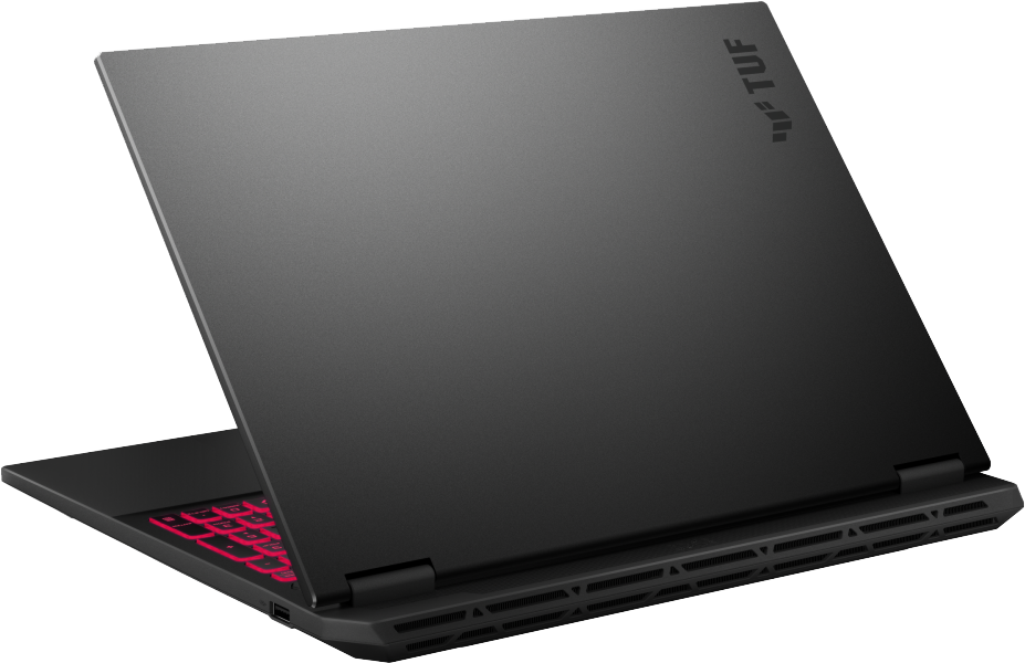 Egy fekete ASUS TUF gamer laptop kissé nyitva áll fekete háttéren, piros háttérvilágítású billentyűzettel.