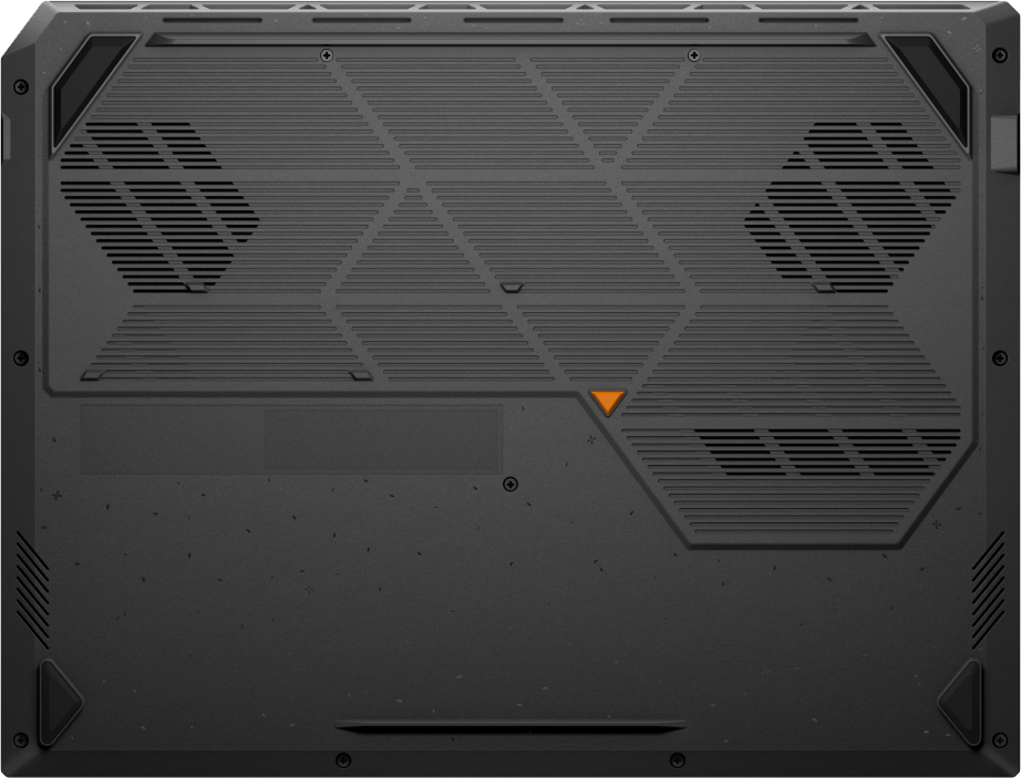 Fekete laptop alsó nézete szellőzőnyílásokkal, gumitalpakkal és geometriai mintával.
