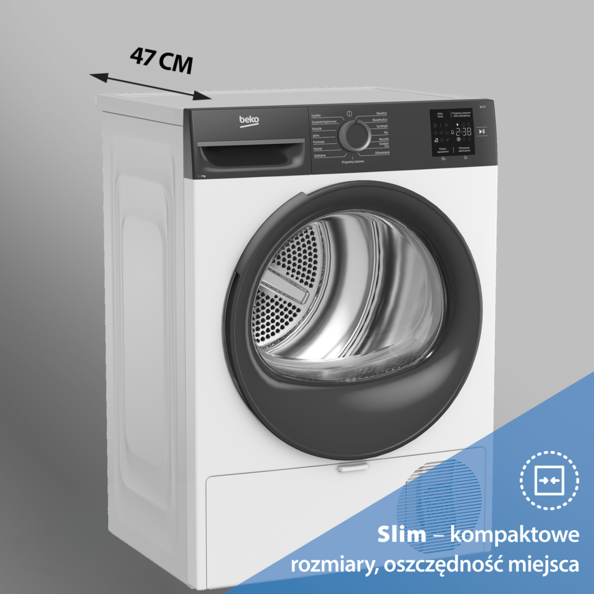 Biała suszarka Beko slim z czarnym panelem sterowania i oznaczeniem głębokości 47 cm.