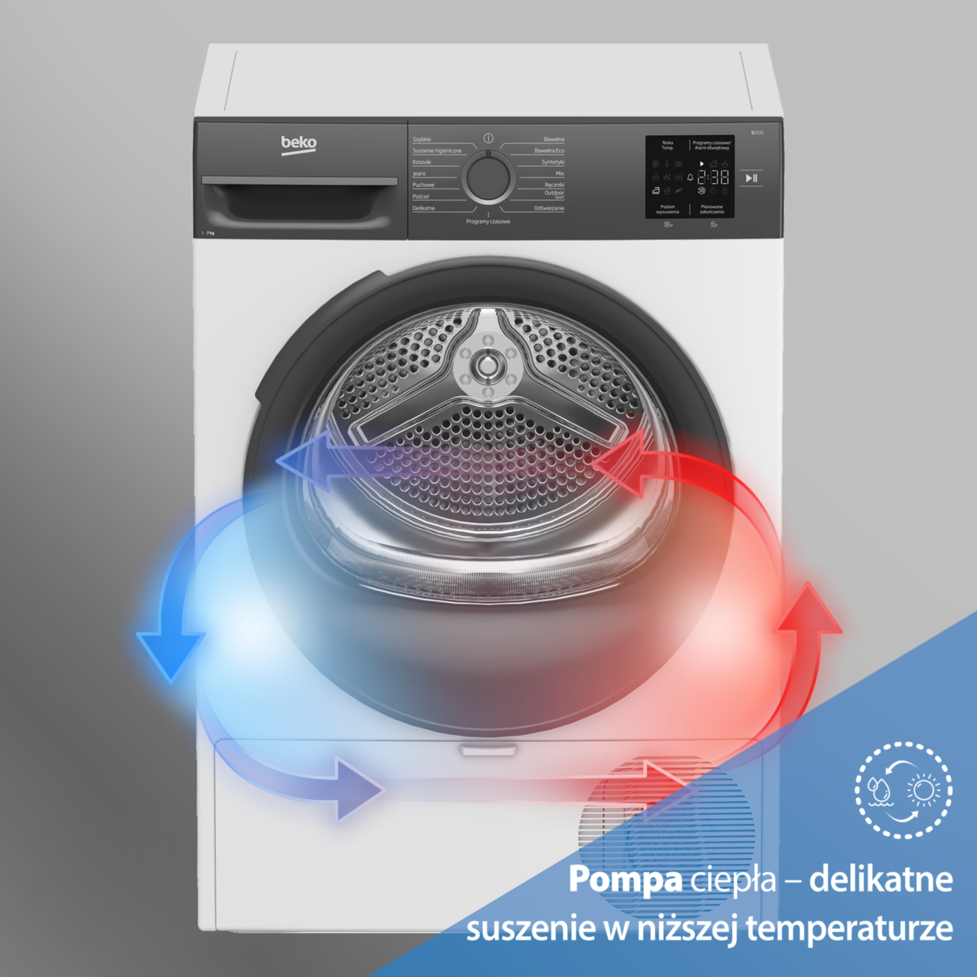 Suszarka kondensacyjna Beko z pompą ciepła, czerwono-niebieskimi strzałkami i tekstem.