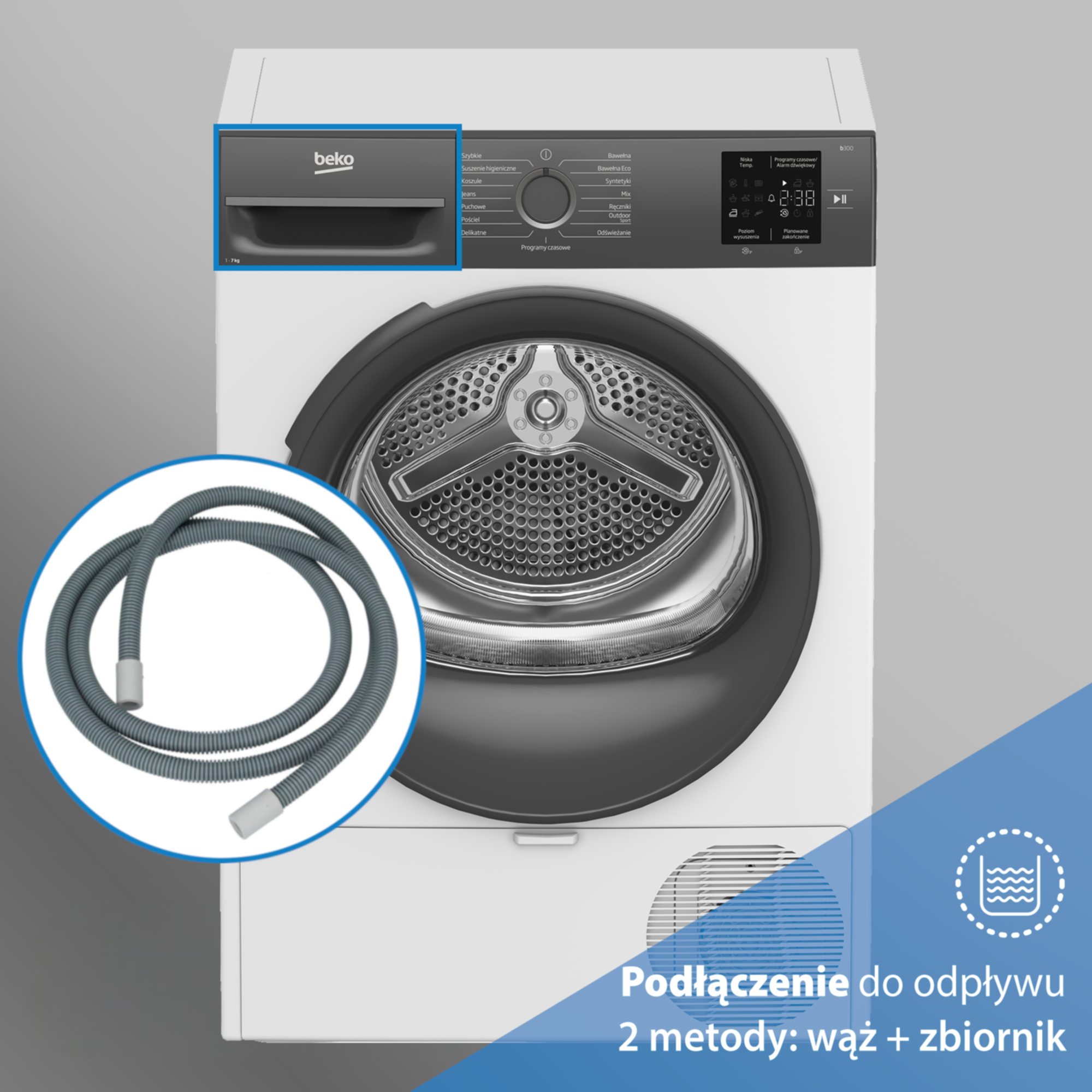 Biała suszarka Beko z otwartymi drzwiczkami bębna i wężem odpływowym.