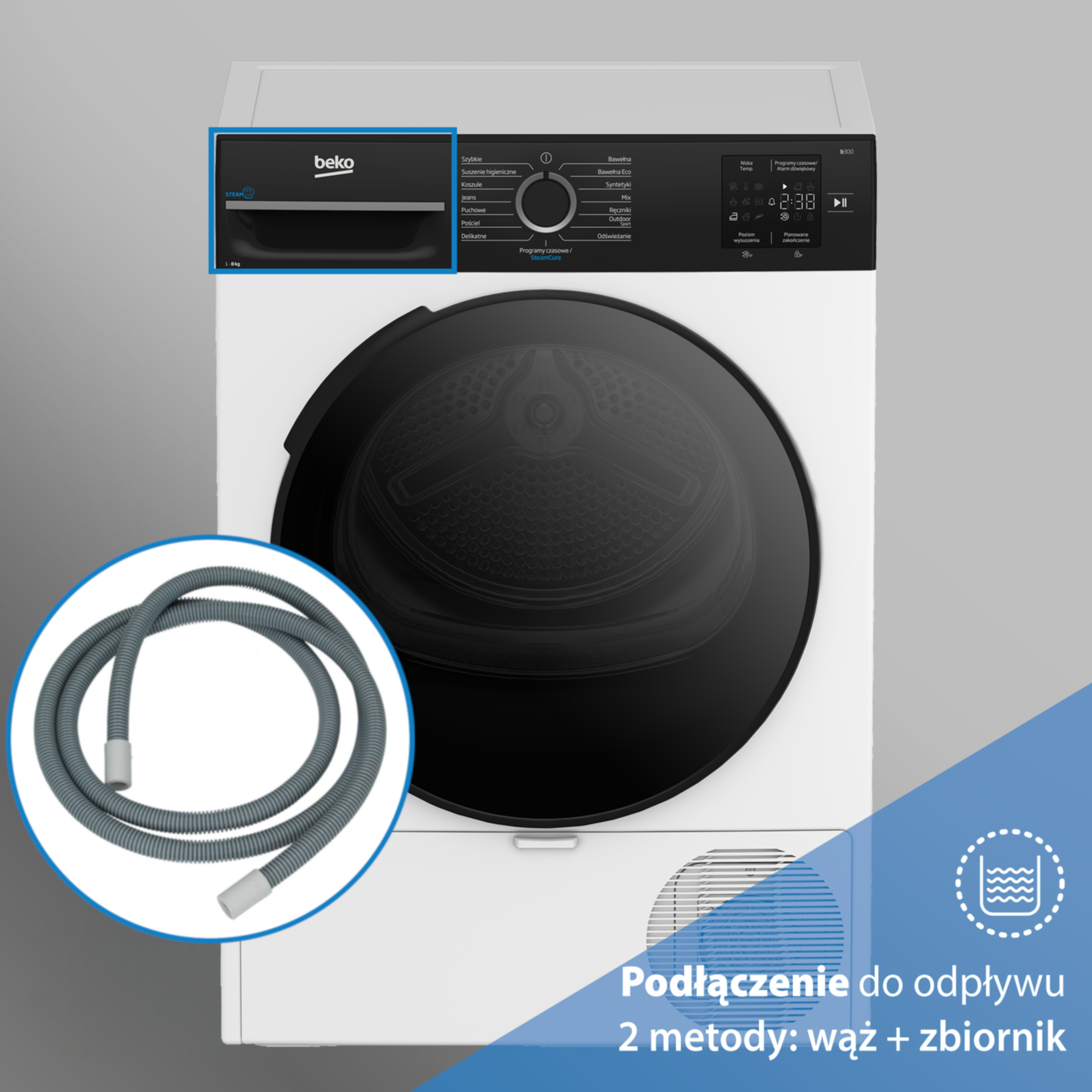 Biała suszarka Beko z wężem odpływowym w okręgu i napisem o podłączeniu do odpływu.