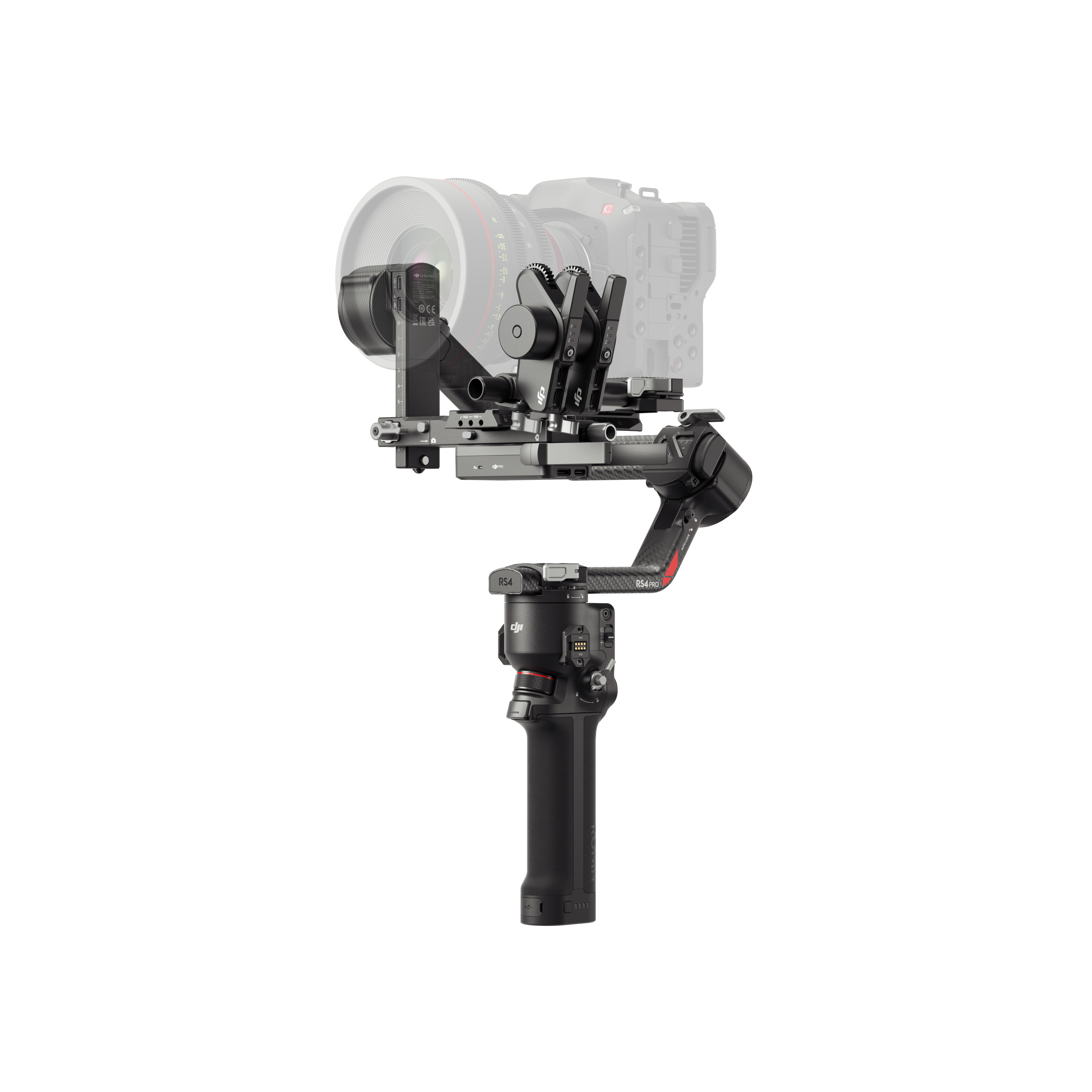 Ein schwarzer DJI RS4 Pro Kameragimbal hält eine halbtransparente Kamera auf weißem Hintergrund.