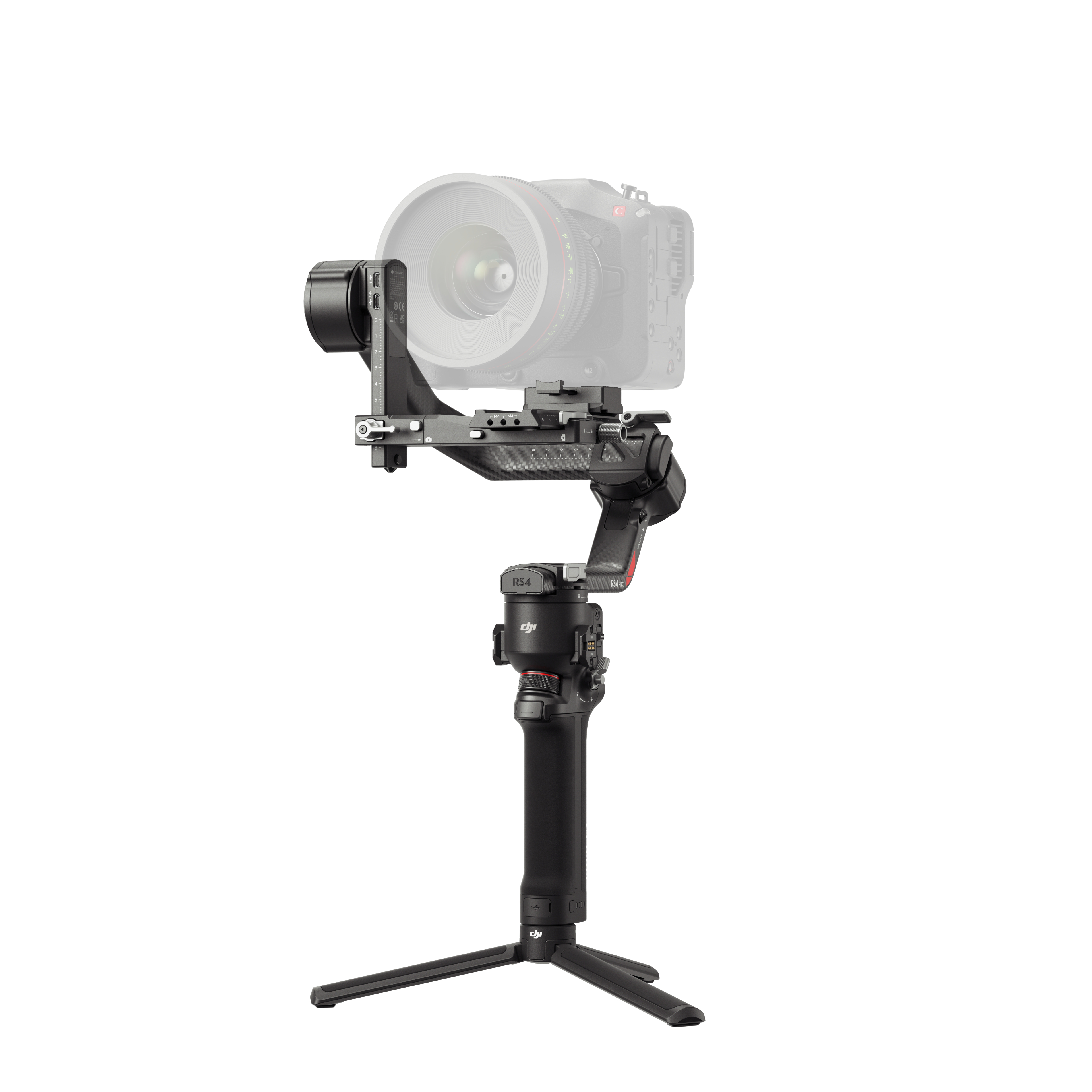 Ein schwarzer Kamera-Gimbal mit Stativ gegen einen weißen Hintergrund, eine halbdurchsichtige Kamera ist montiert.