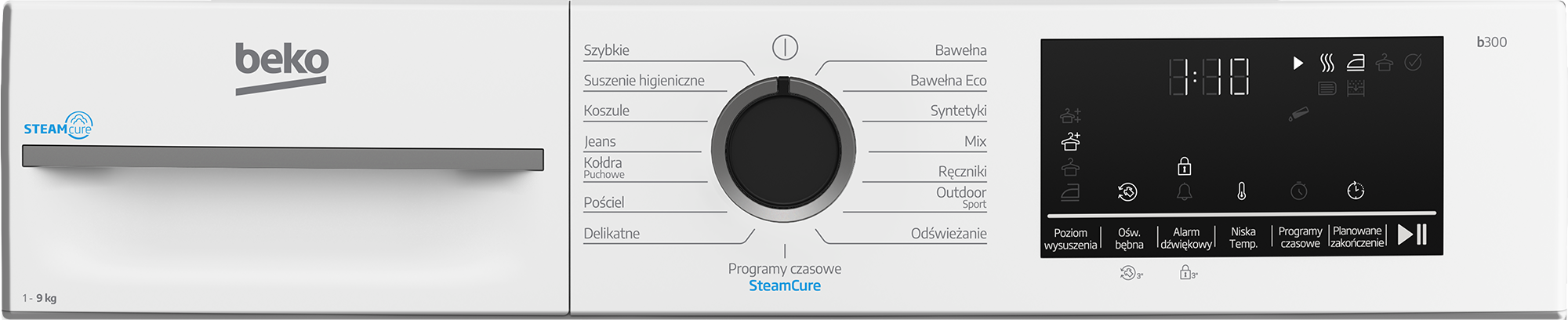 Panel sterowania pralki Beko z pokrętłem, programami i wyświetlaczem cyfrowym.