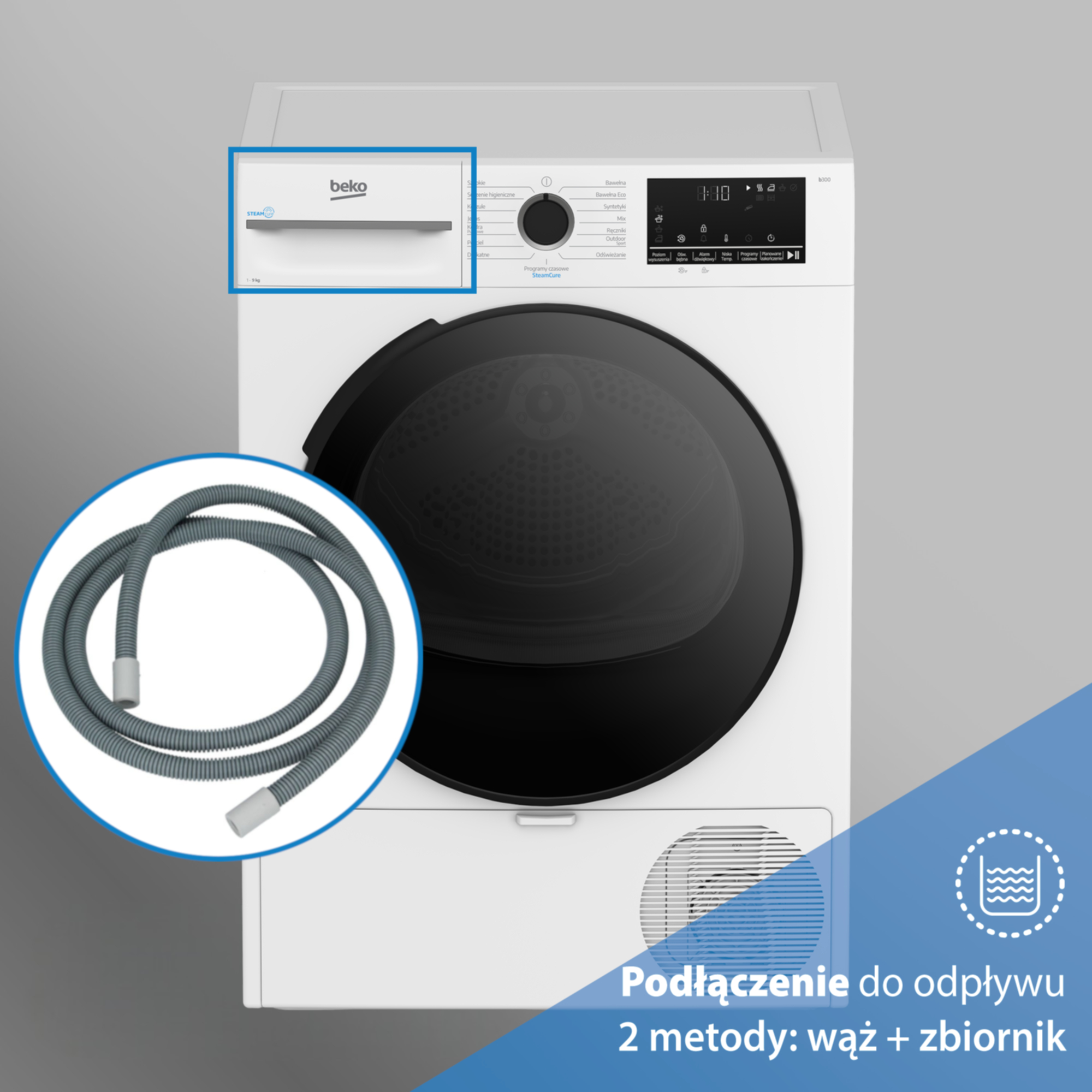 Biała suszarka Beko z zaznaczonym wężem odpływowym i tekstem o dwóch metodach odprowadzania wody.