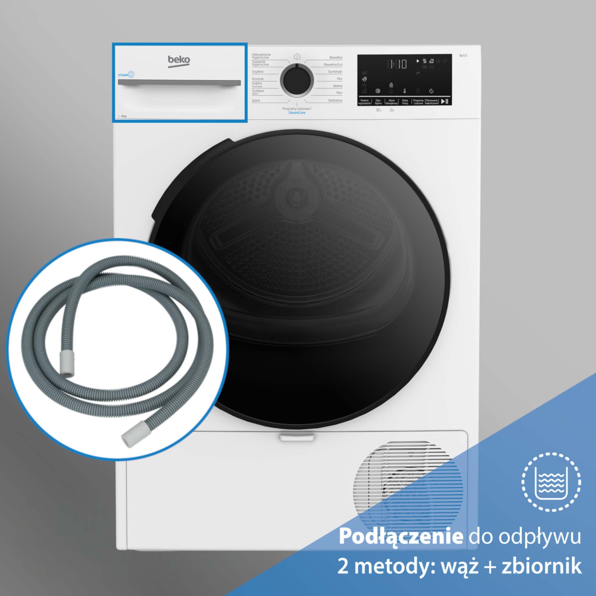 Biała suszarka Beko z wężem odpływowym i wyświetlaczem cyfrowym.