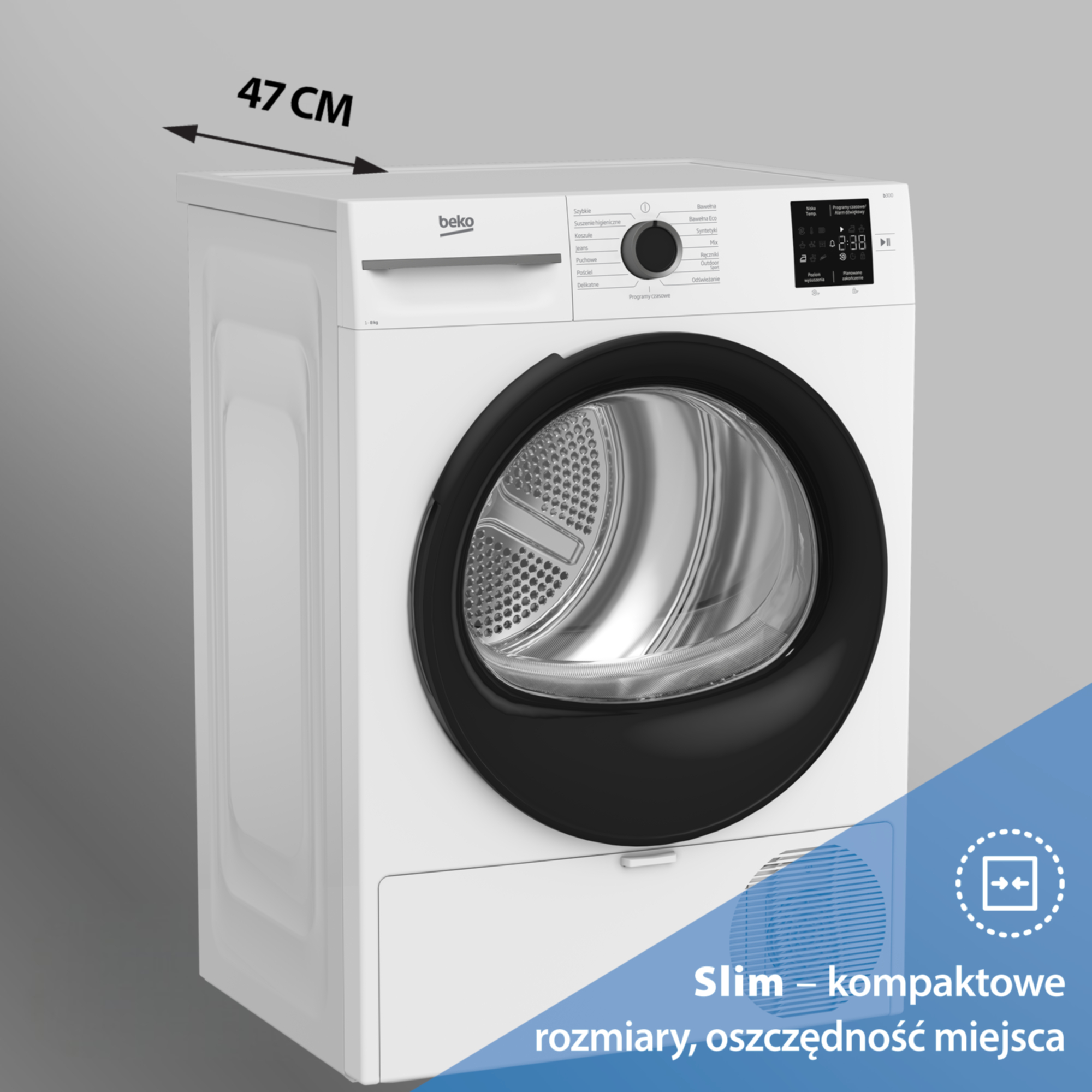 Biała suszarka Beko z czarnymi drzwiczkami, głębokość 47 cm, na szarym tle.