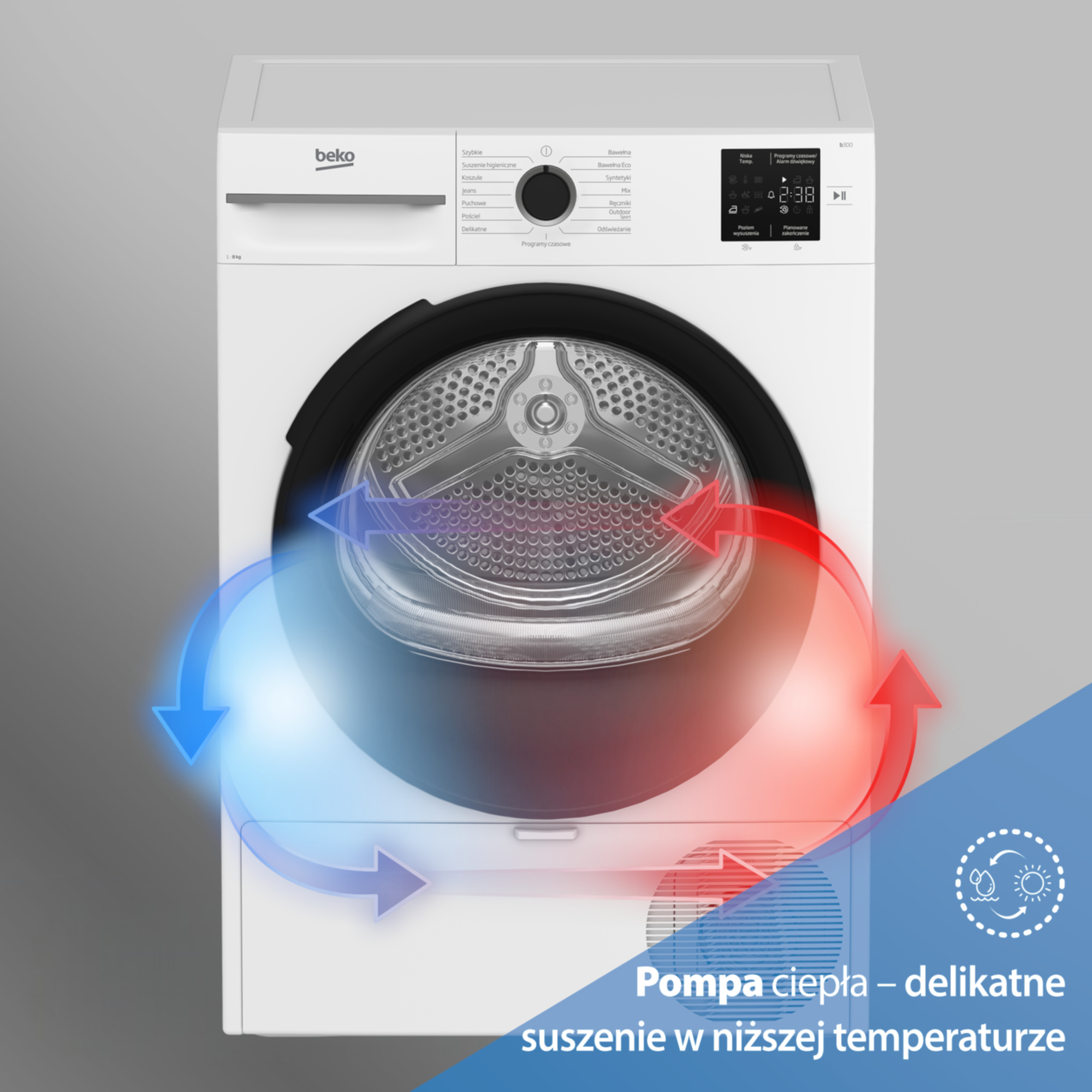 Biała suszarka Beko z czerwonym i niebieskim przepływem powietrza dla delikatnego suszenia.