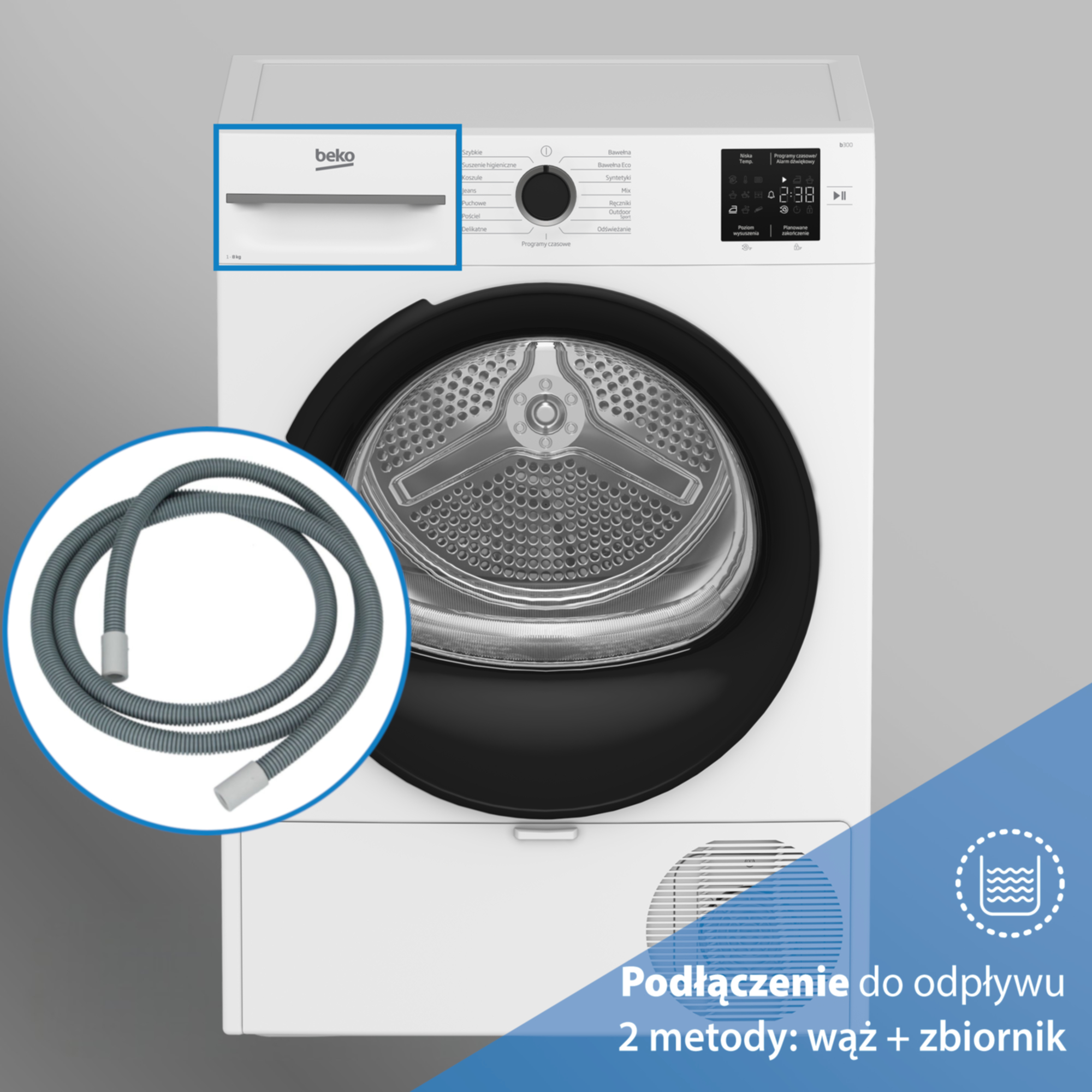 Biała suszarka Beko z wyróżnionym wężem odpływowym i tekstem o dwóch metodach odprowadzania wody.