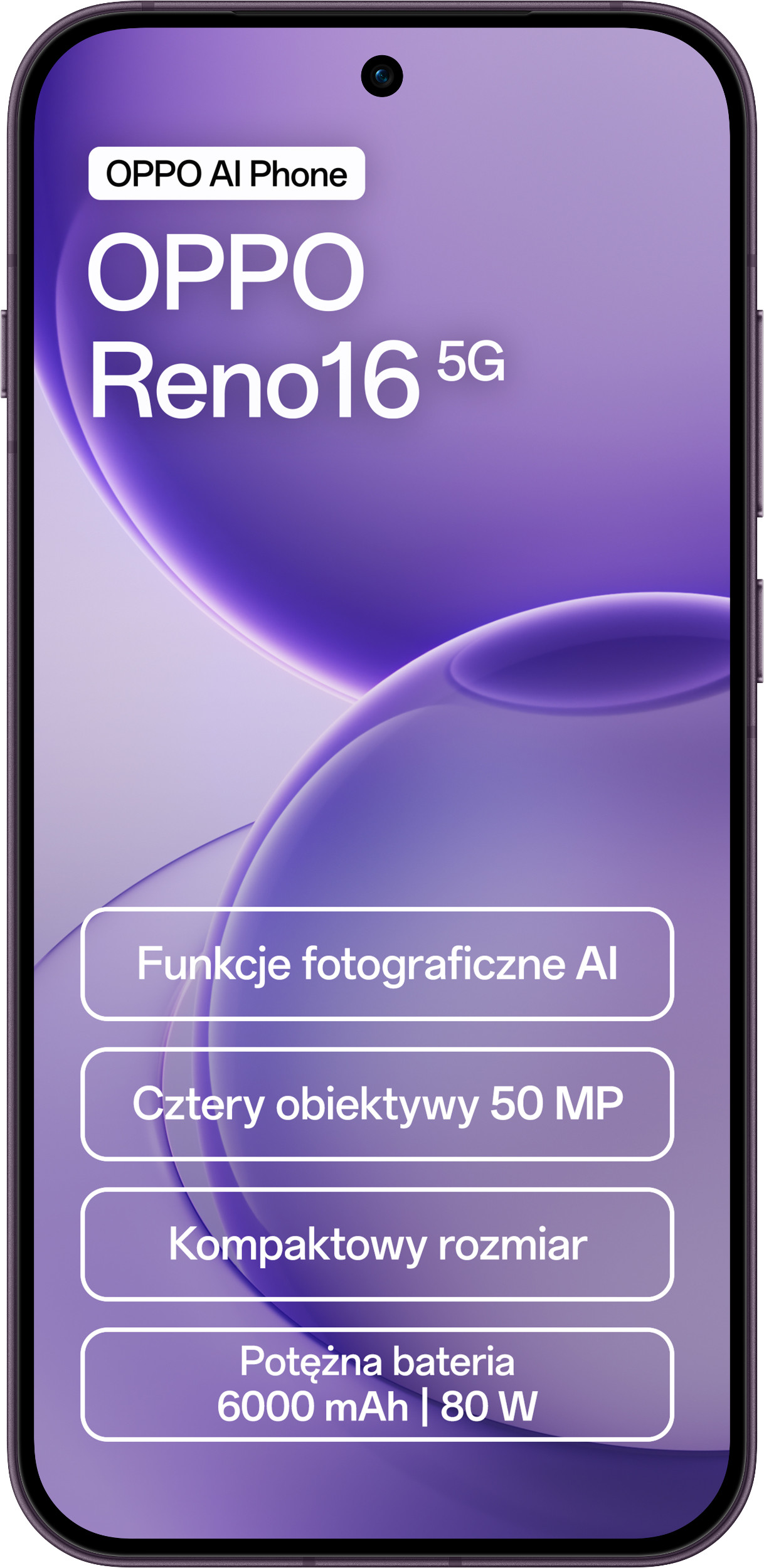 Smartfon OPPO Reno16 5G z fioletowym tłem i czterema przyciskami funkcji.