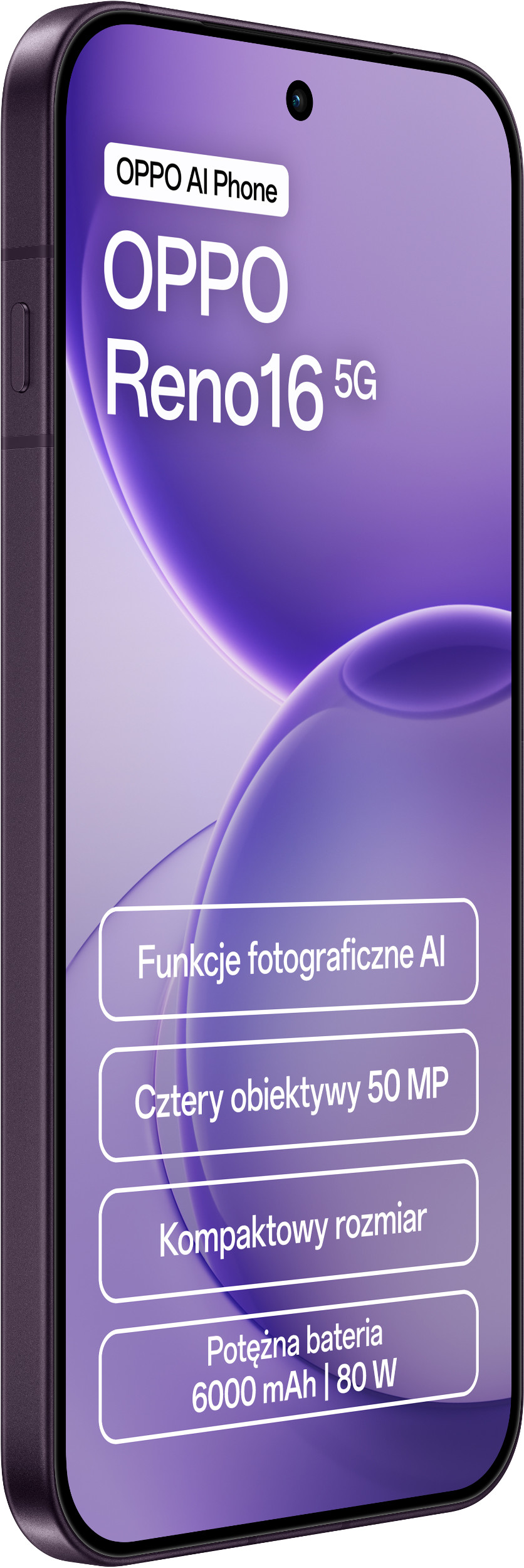 Fioletowy smartfon Oppo Reno16 5G z tekstem na ekranie w języku polskim.