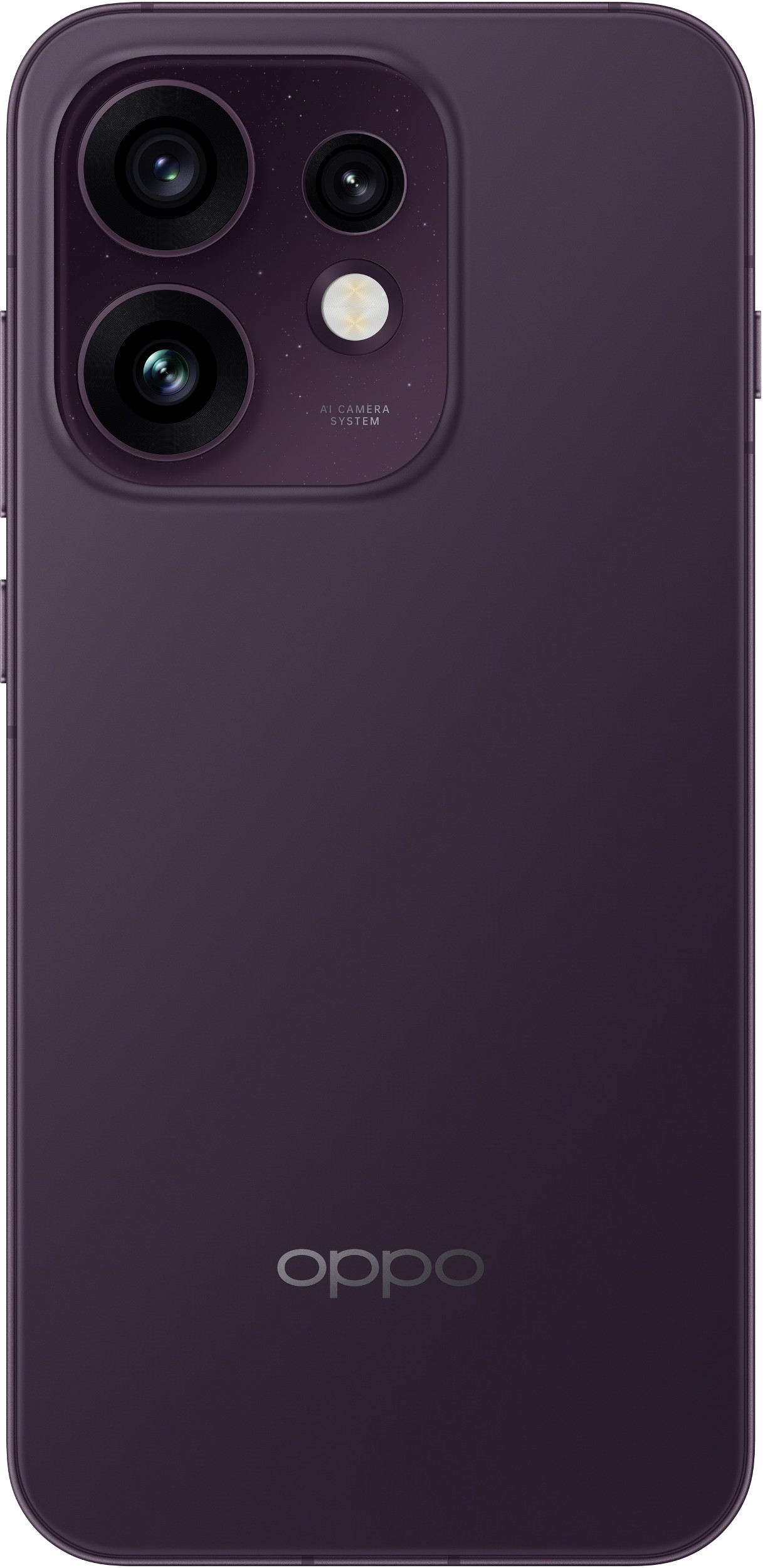 Tył fioletowego smartfona Oppo z potrójnym aparatem AI i lampą błyskową.