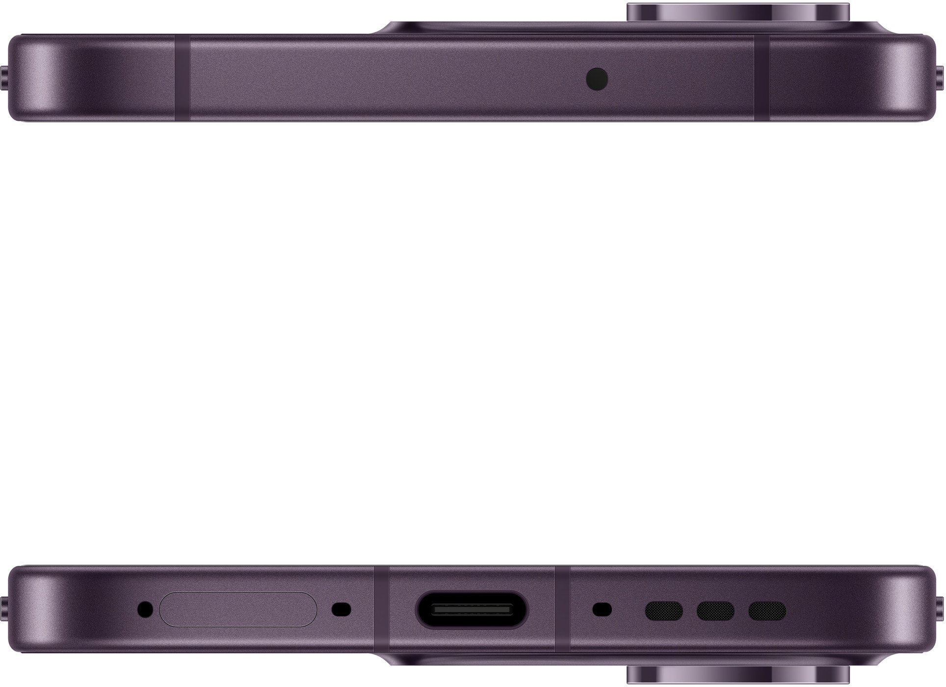 Widok z góry i dołu fioletowego smartfona z portem USB-C, mikrofonem i głośnikami.