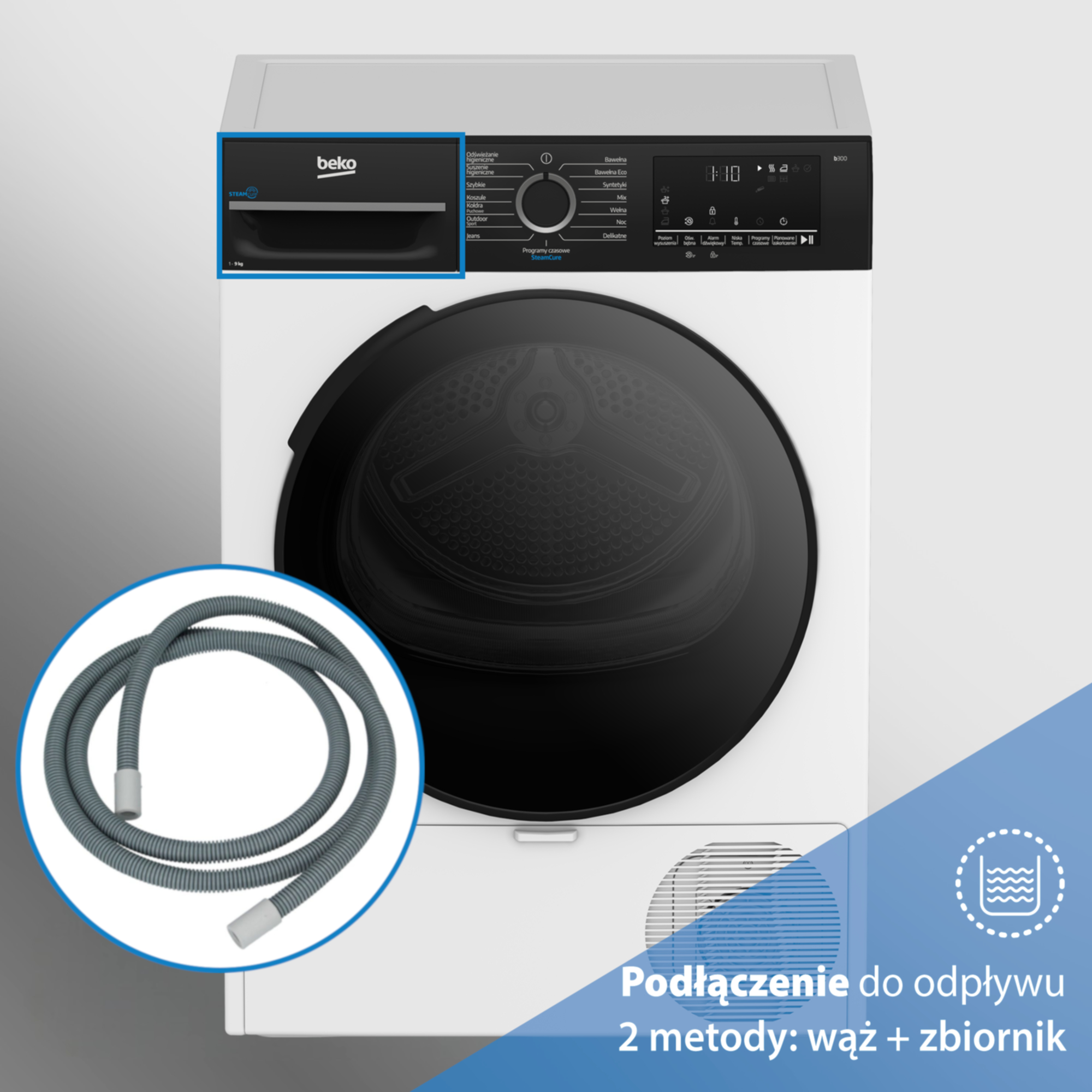 Suszarka Beko z wężem w tle i polskim tekstem.