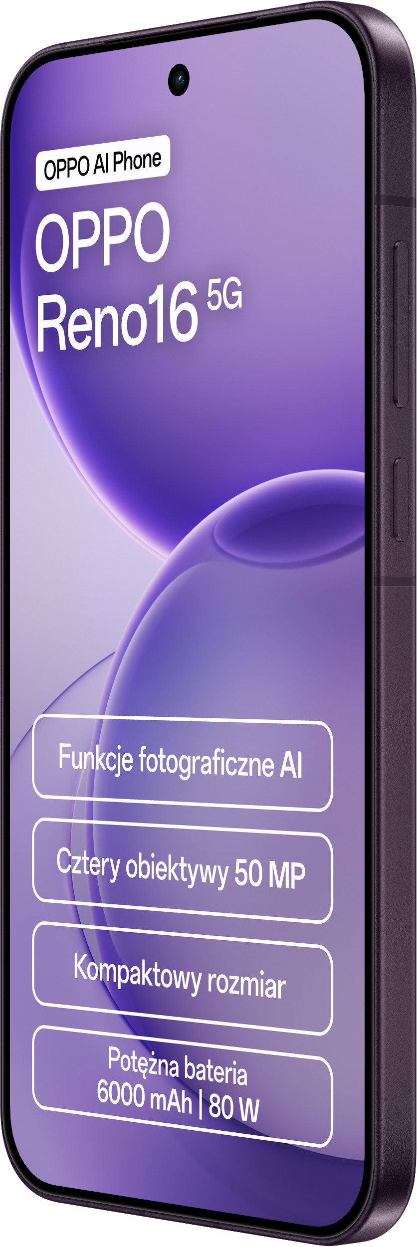 Fioletowy smartfon Oppo Reno16 5G z tekstem i specyfikacją na ekranie.