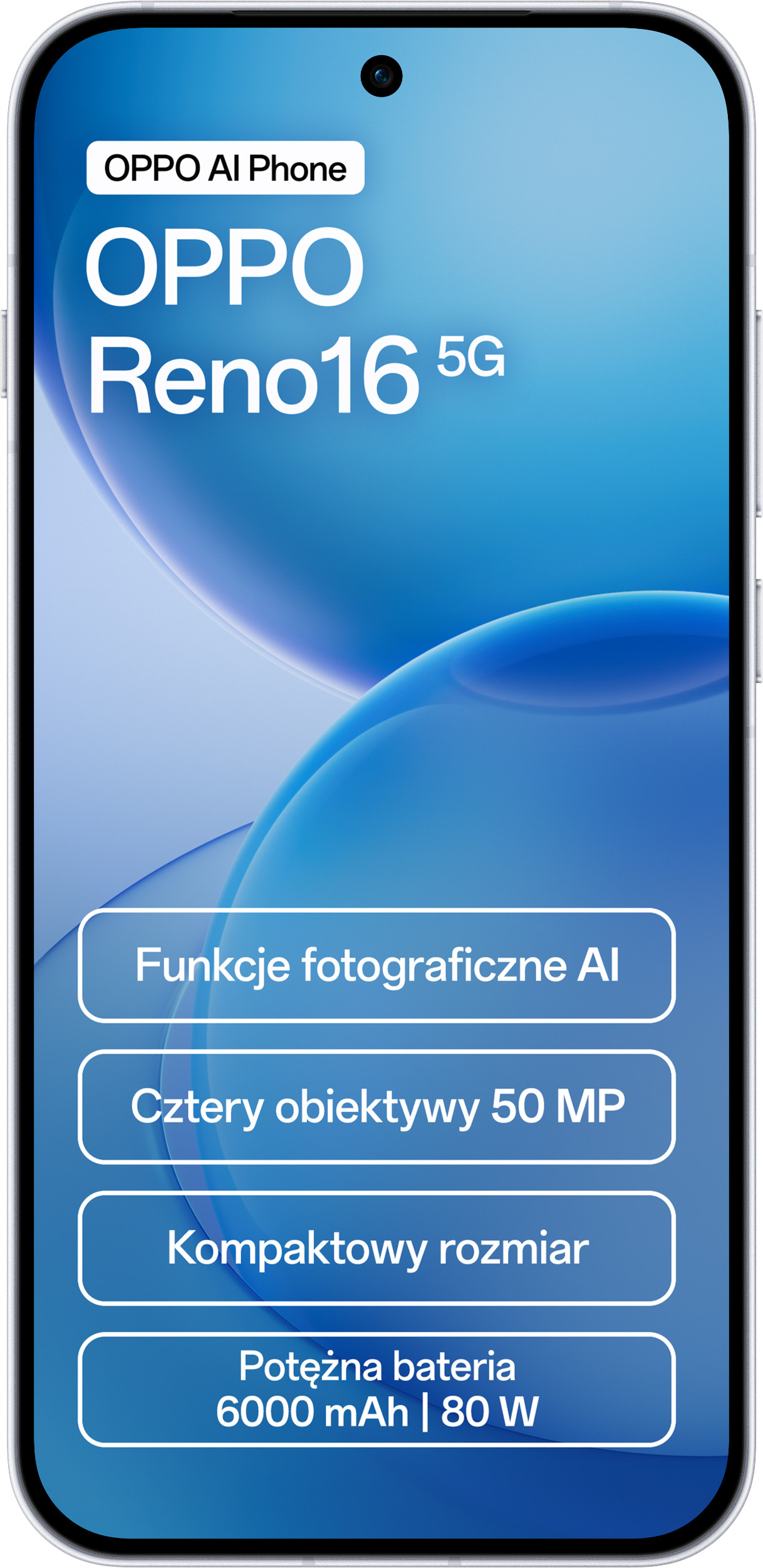 Ekran smartfona przedstawia reklamę Oppo Reno16 5G z polskim tekstem.