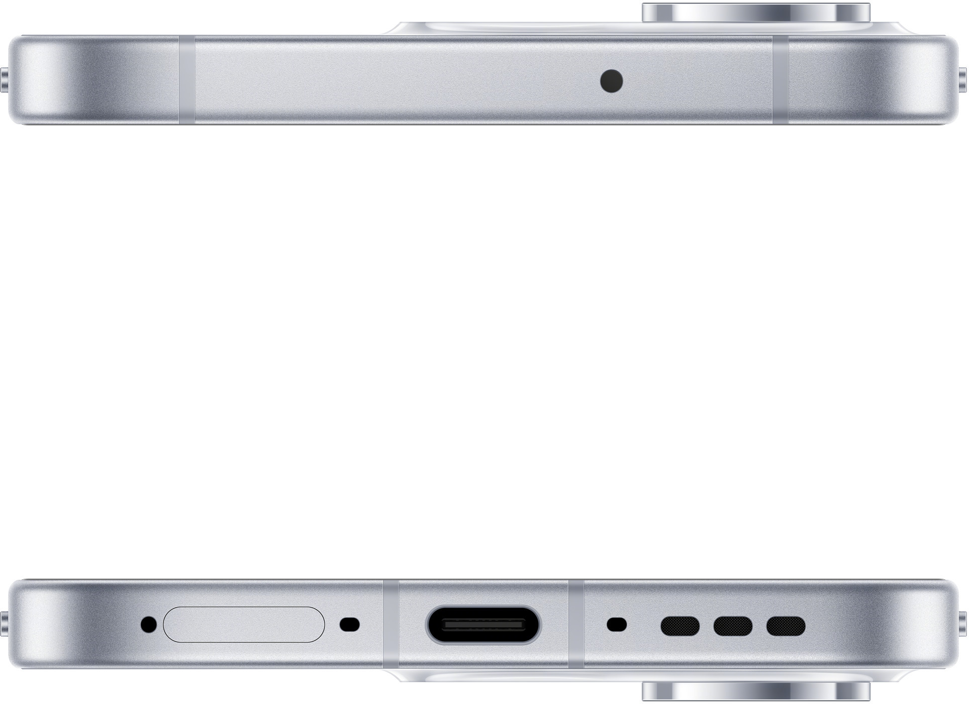 Widok srebrnych krawędzi smartfona z portem USB-C, tacką na kartę SIM i mikrofonem.