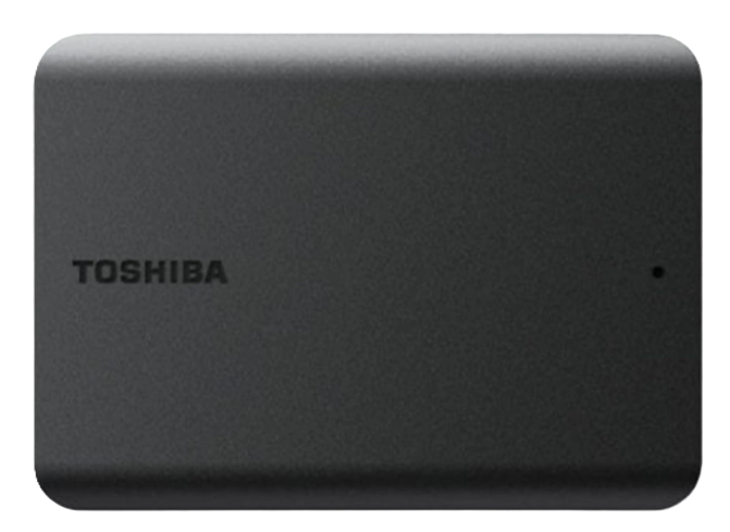 Czarna obudowa dysku twardego Toshiba z zaokrąglonymi rogami i małą diodą stanu na czarnym tle.