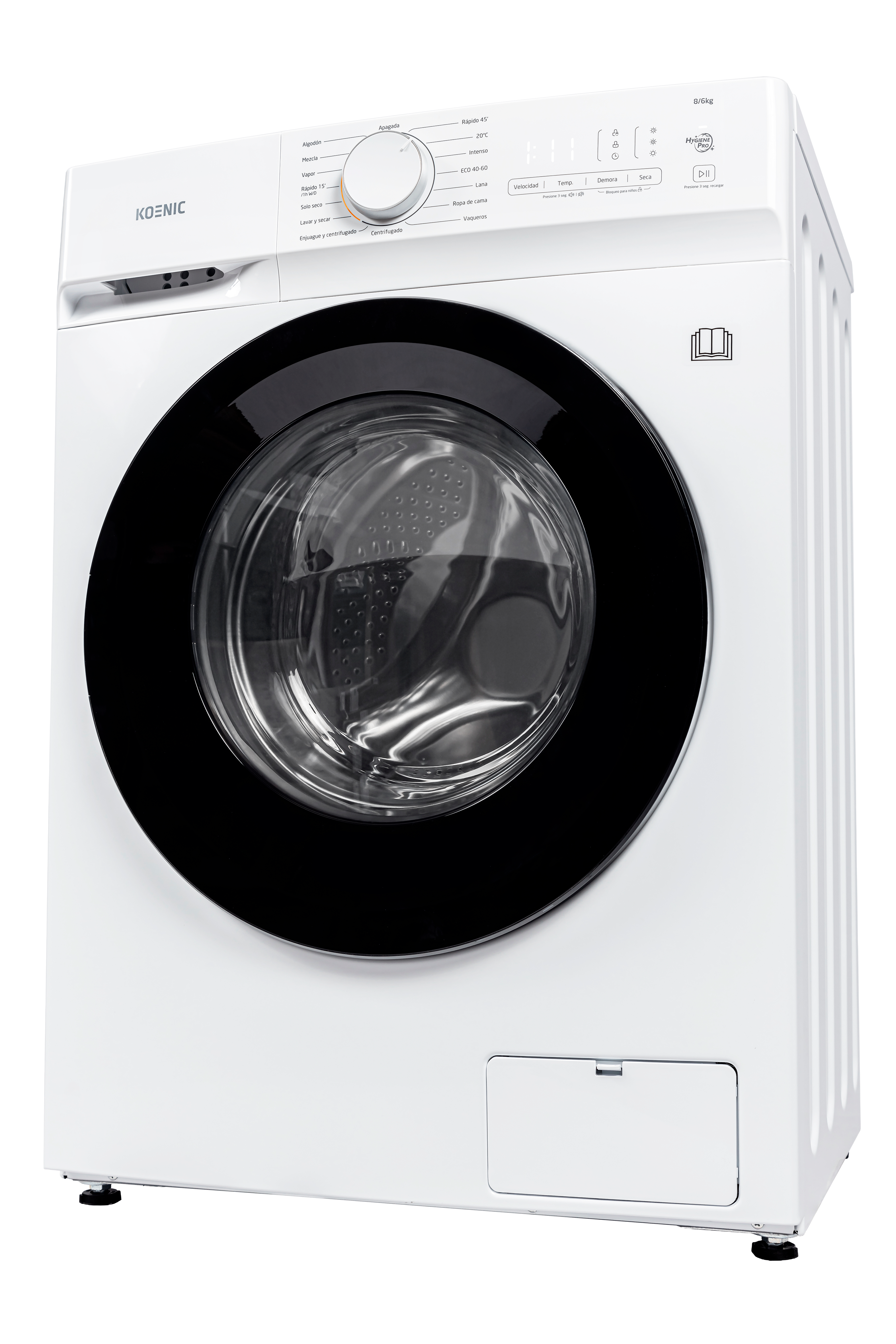 Una lavadora blanca Koenic con puerta de ojo de buey negra y panel de control sobre fondo negro.