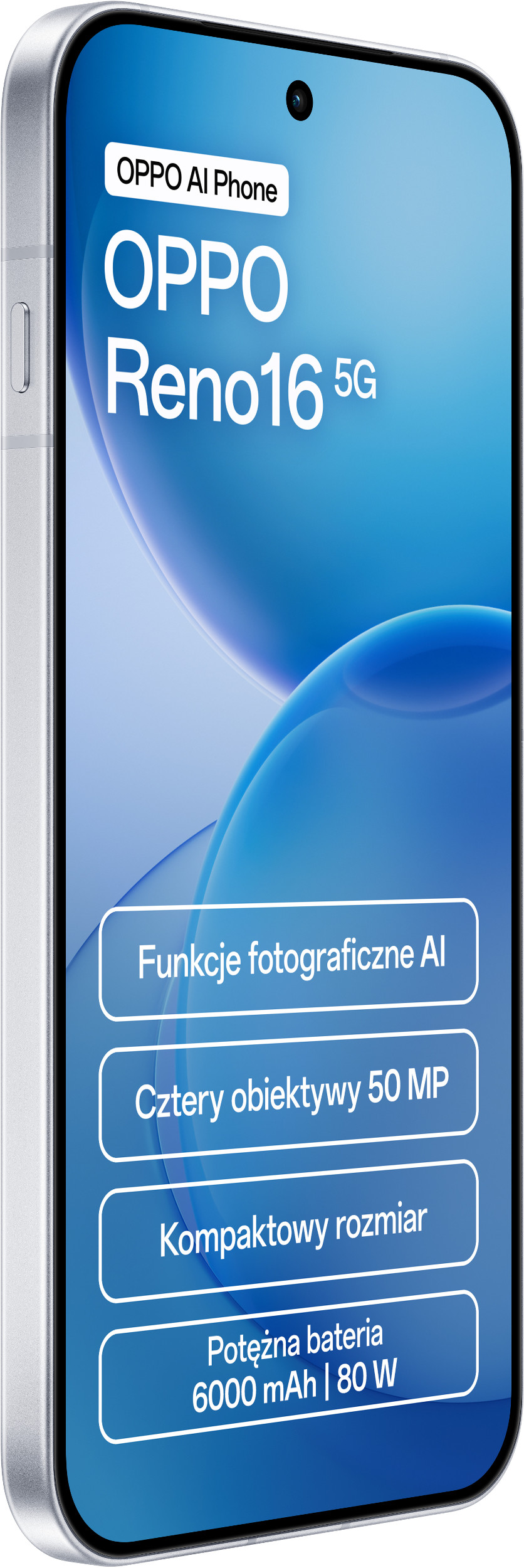 Smartfon Oppo Reno16 5G z niebieskim ekranem i białymi polami tekstowymi opisującymi funkcje.