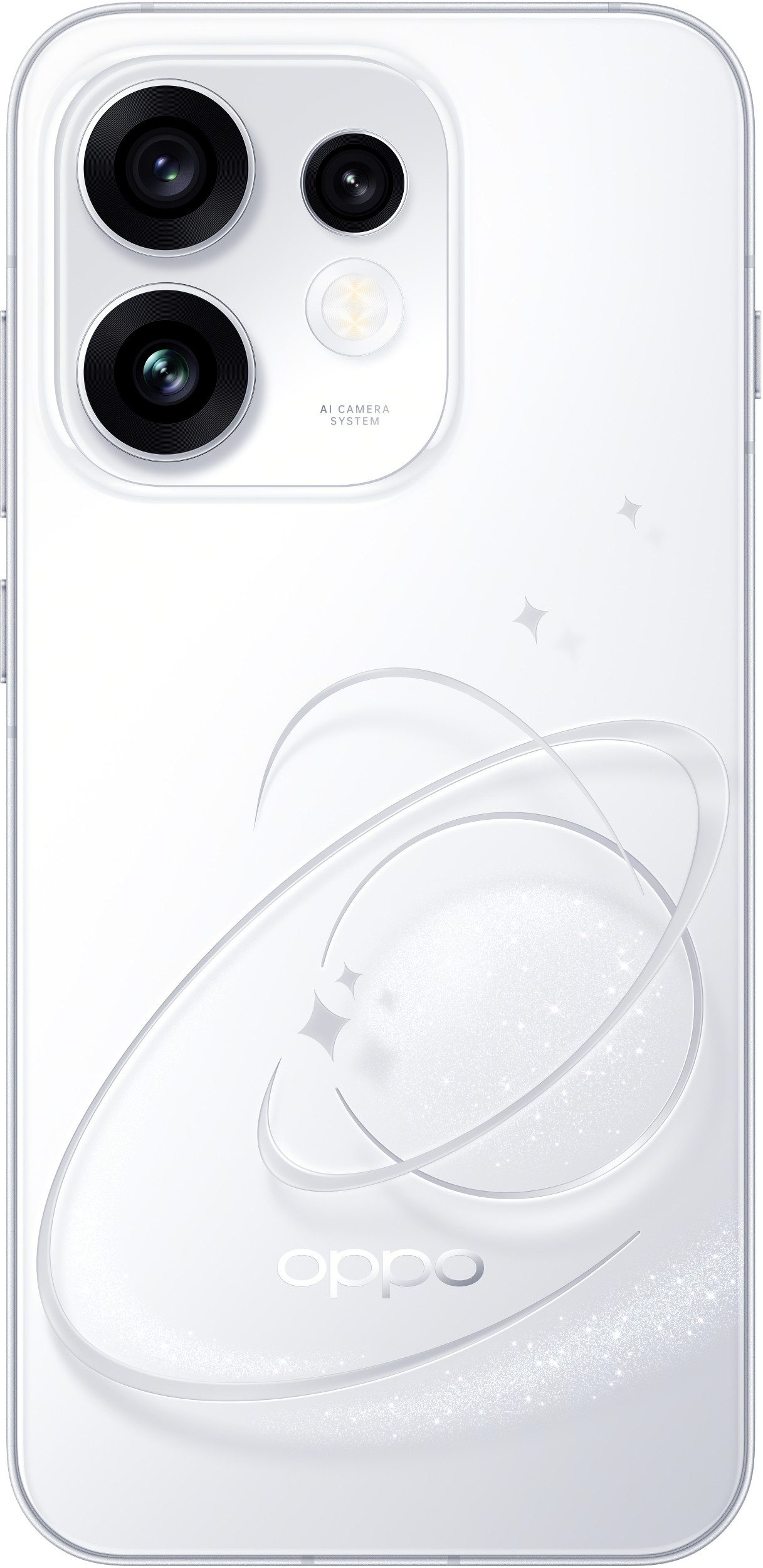 Tył białego smartfona Oppo z potrójnym aparatem i kosmicznymi wzorami.