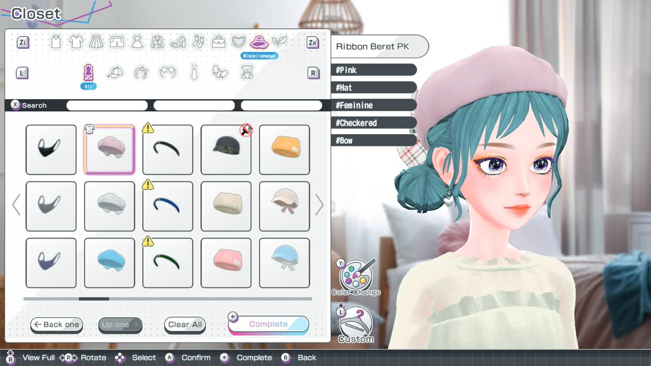 Menú de armario que muestra la personalización del personaje con cabello verde azulado y sombreros en una cuadrícula.