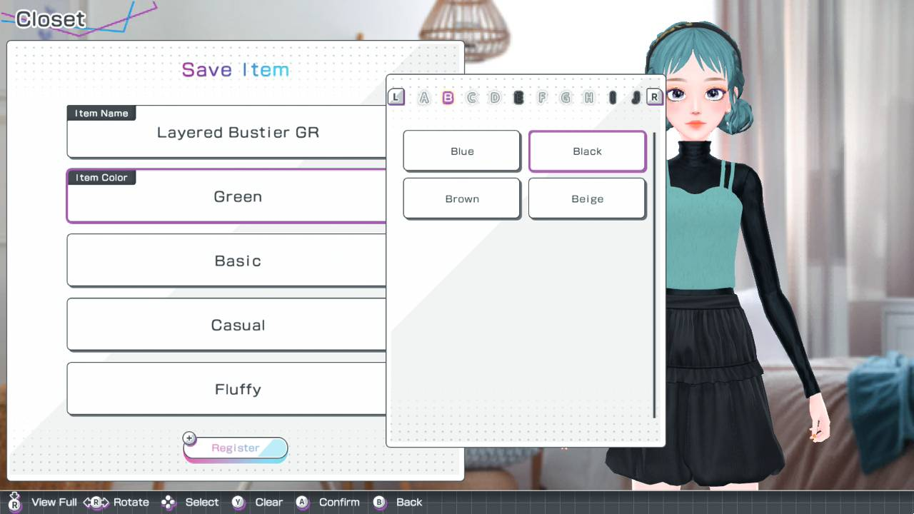 Menú de armario con opciones de nombre y color de artículo para Layered Bustier GR.