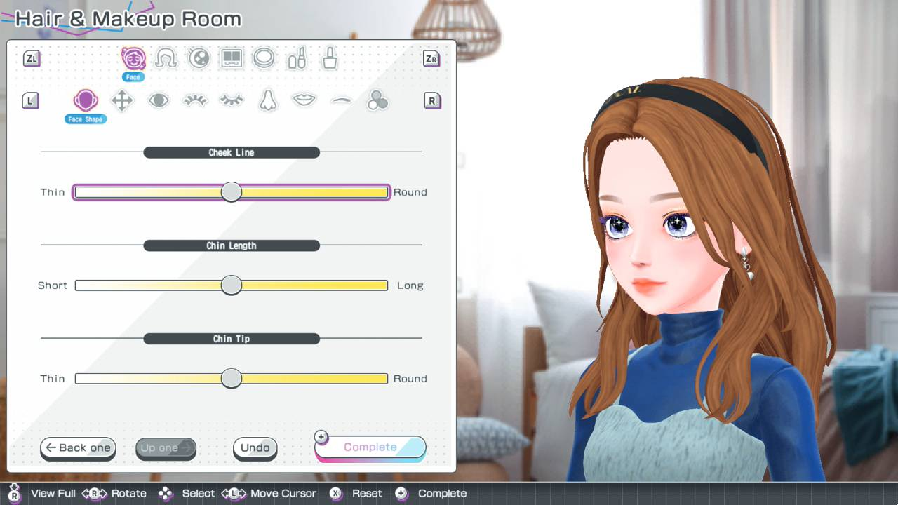 Pantalla de personalización de personaje con controles deslizantes faciales y un avatar en 3D.