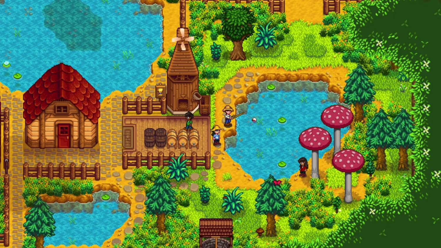 Escena de granja pixelada con casa de madera, molino, estanque y setas rojas.