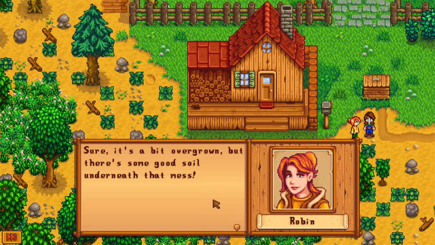 Escena de granja pixelada con una cabaña de madera, vegetación y un personaje que habla llamado Robin.